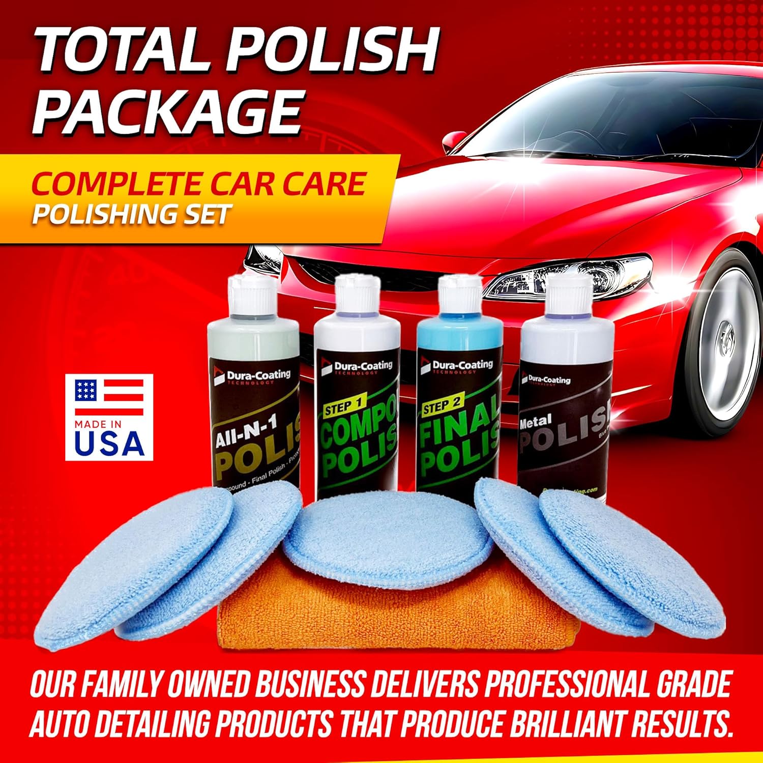 Dura-Coating Total Polish Package - Complete Car Care Polishing Set- 16 oz Blue Premium Metal Polish, Step 1 Compound, Step 2 Final Polish, All-N-1 Polish, 5 Pads, Large Microfiber Towel- Made in USA