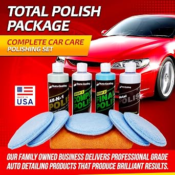 Dura-Coating Total Polish Package - Complete Car Care Polishing Set- 16 oz Blue Premium Metal Polish, Step 1 Compound, Step 2 Final Polish, All-N-1 Polish, 5 Pads, Large Microfiber Towel- Made in USA