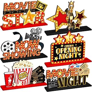 6 Pcs Movie Night Party Decorations Movie Wooden Table Centerpiece Ticket Star Video Popcorn Table Sign Tabletop Decor for Birthday Party Home Decoration