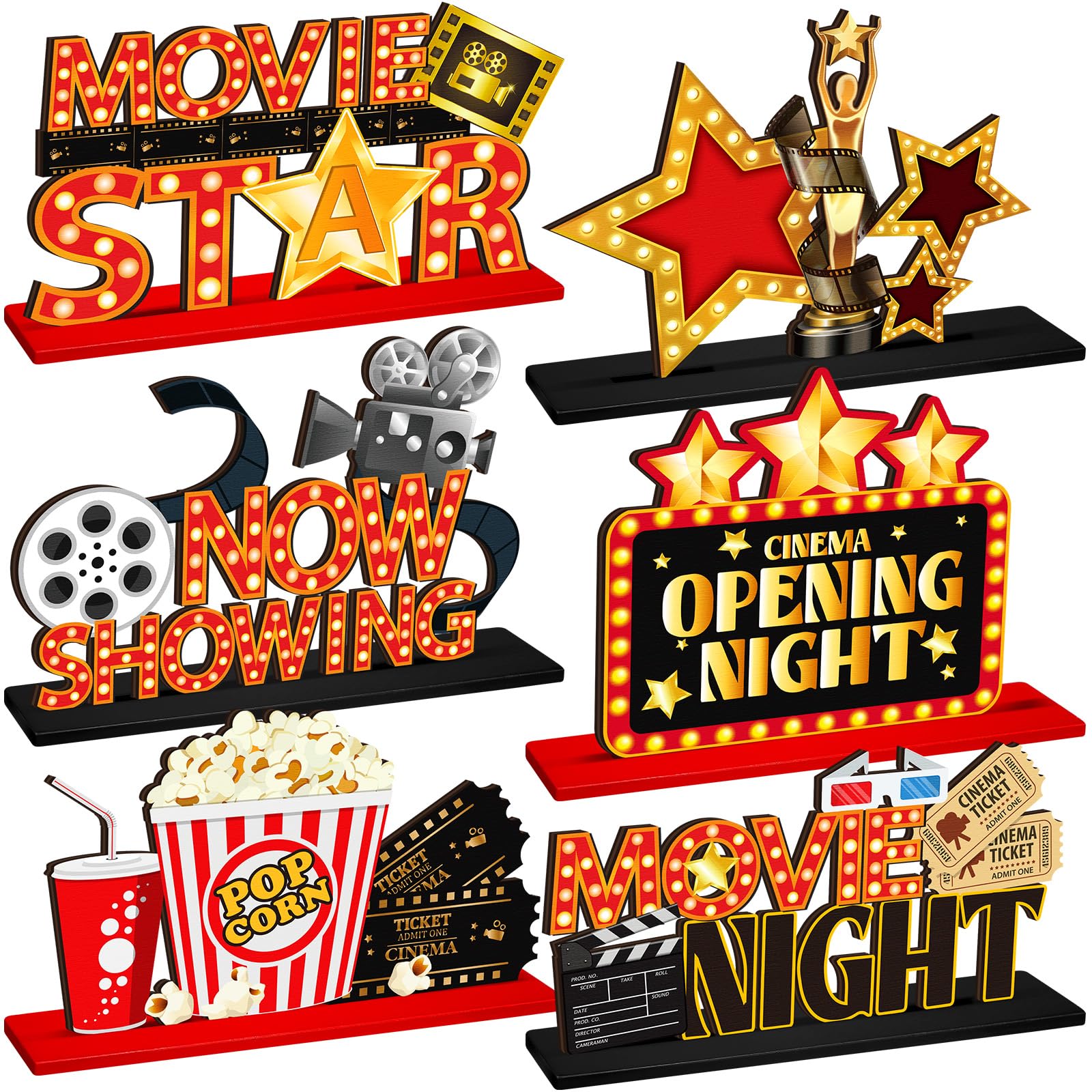 Photo 1 of 6 Pcs Movie Night Party Decorations Movie Wooden Table Centerpiece Ticket Star Video Popcorn Table Sign Tabletop Decor for Birthday Party Home Decoration