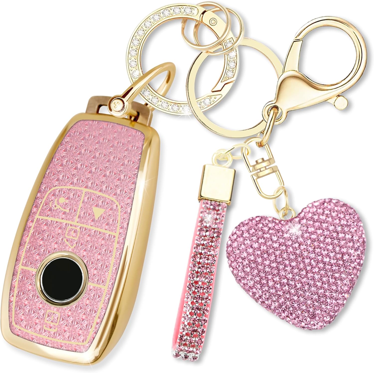 Key Fob Cover with Diamond Keychain for Mercedes Benz Car Key Shell Compatible with Benz 2017-2021 E-Class 2018-2021 S-Class 2019-2021 A-Class C-Class G-Class for Women (4 Buttons-Pink Heart)