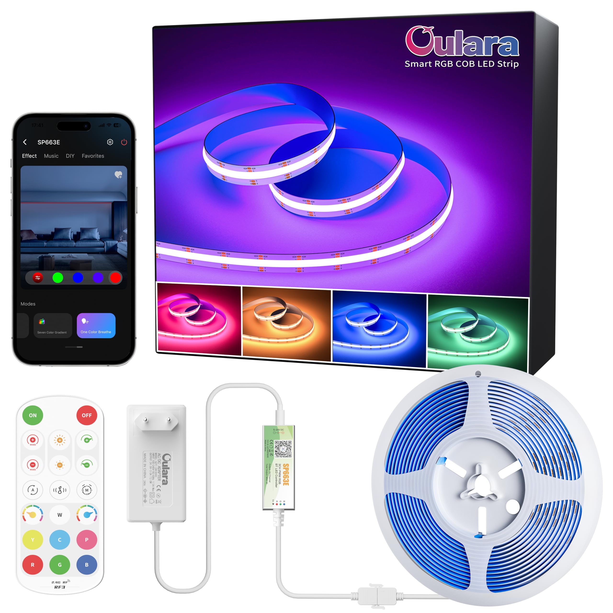 OULARA Taśma LED Smart COB RGB 6 m, 24 V ściemniana taśma LED RGB, elastyczna taśma LED Smart współpracuje ze sterowaniem za pomocą aplikacji/pilot zdalnego sterowania RF, na imprezę, dekoracja DIY