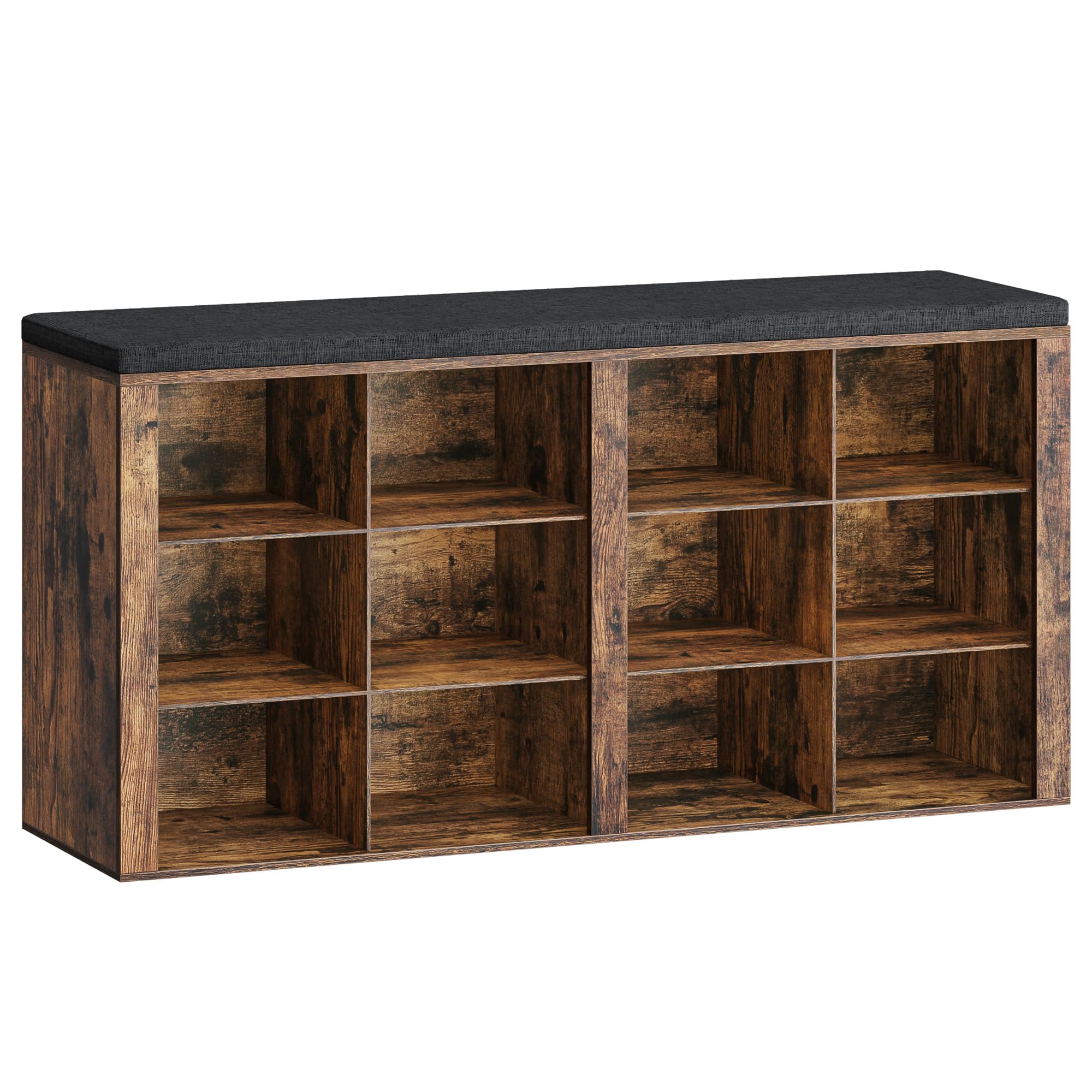 Hzuaneri Shoe Storage Bench with Padded Seat, Shoe Rack Bench with 12 Open Compartments, Adjustable Shelves, Shoes Cabinet with Cushion for Hallway, Living Room, Bedroom, Rustic Brown, SB19001GY