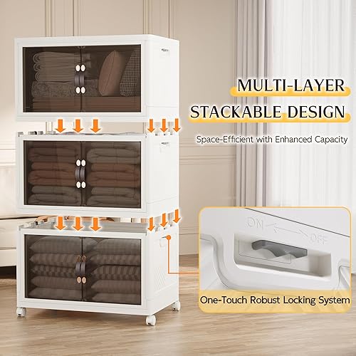 Miniatura 3 de Buytime Contenedores de almacenamiento apilables de 8.4 galones con tapa, caja de almacenamiento plegable grande con puertas y ruedas, organizadores