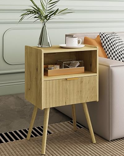 Mesita de noche, moderna mesita de noche con cajón de almacenamiento y estante de madera abierta, mesita de noche decorativa con patas de madera
