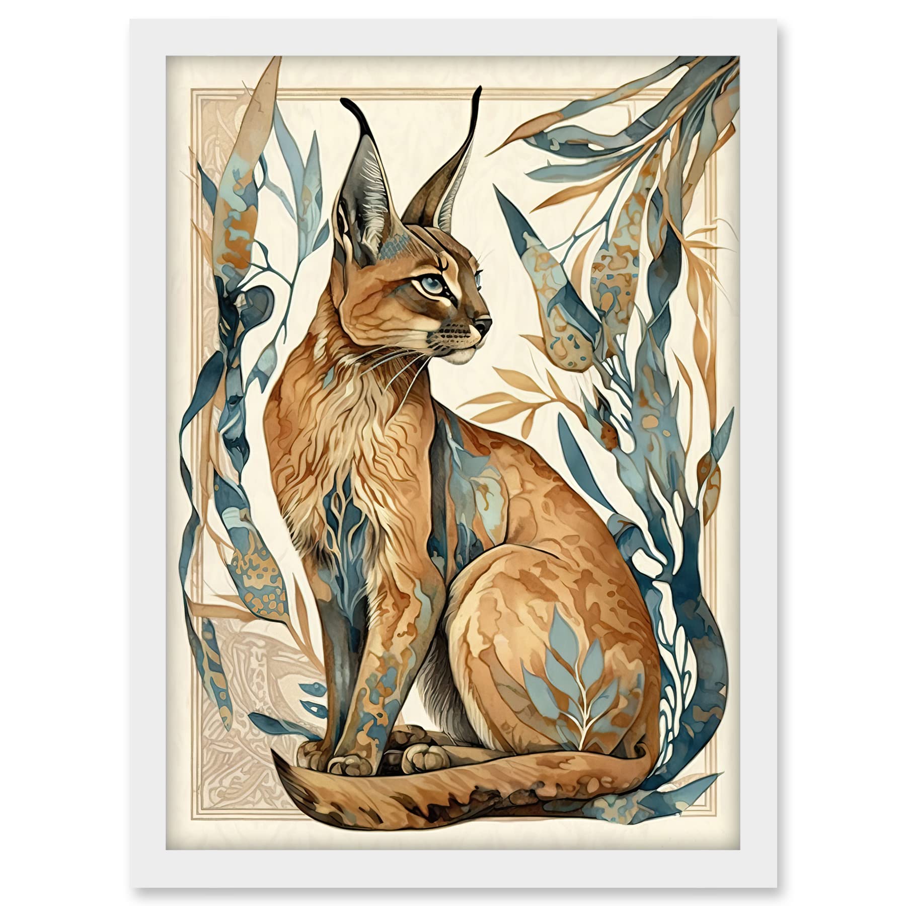 Artery8 Caracal Cat with Teal Plants Modern Art Nouveau Watercolour Illustration Artwork Framed A3 Wall Art Print