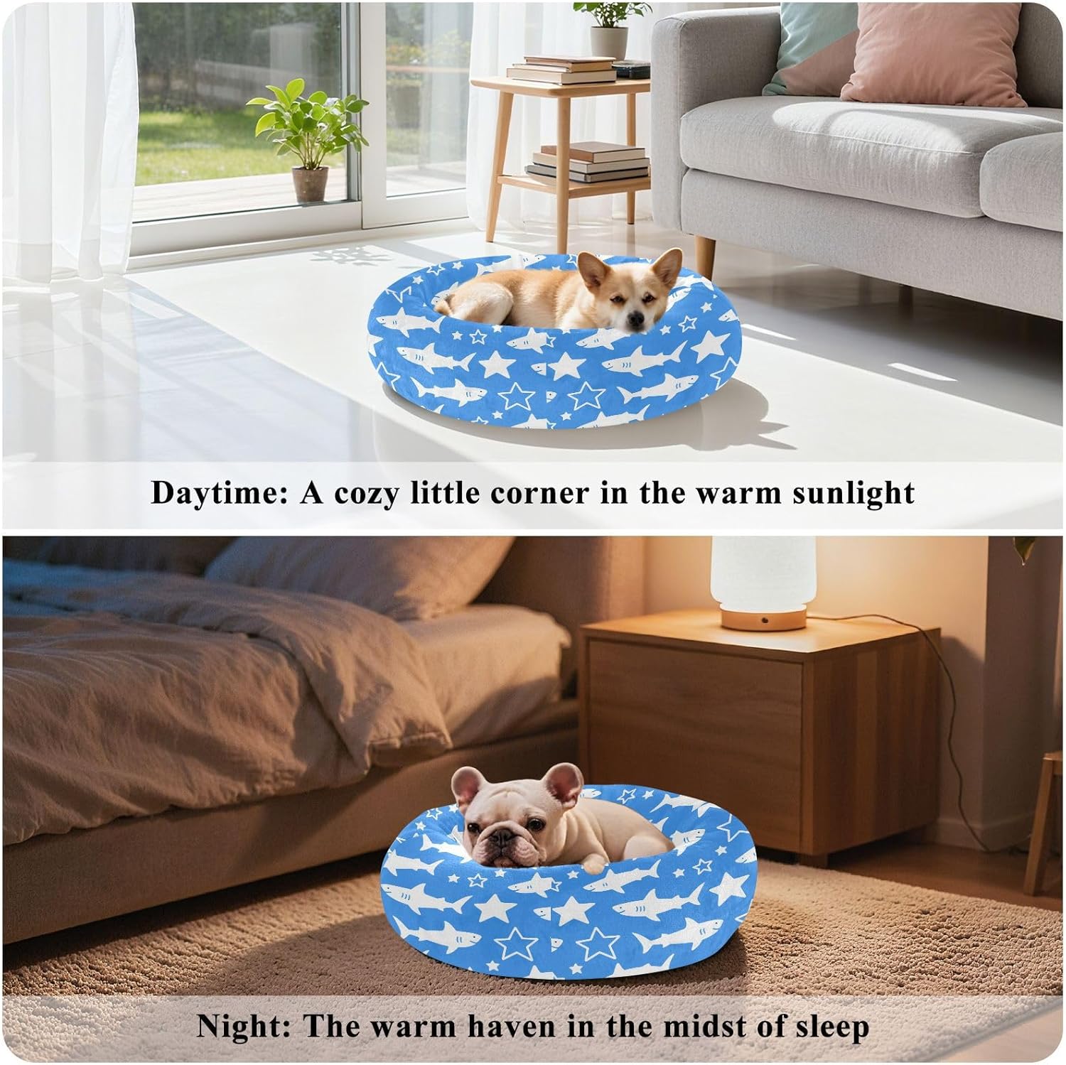 Pet Dog Bed Anxiety Relief Fluffy Dog Pillow Bed for Extra Small Size Pets Sleeping M Fish and Stars