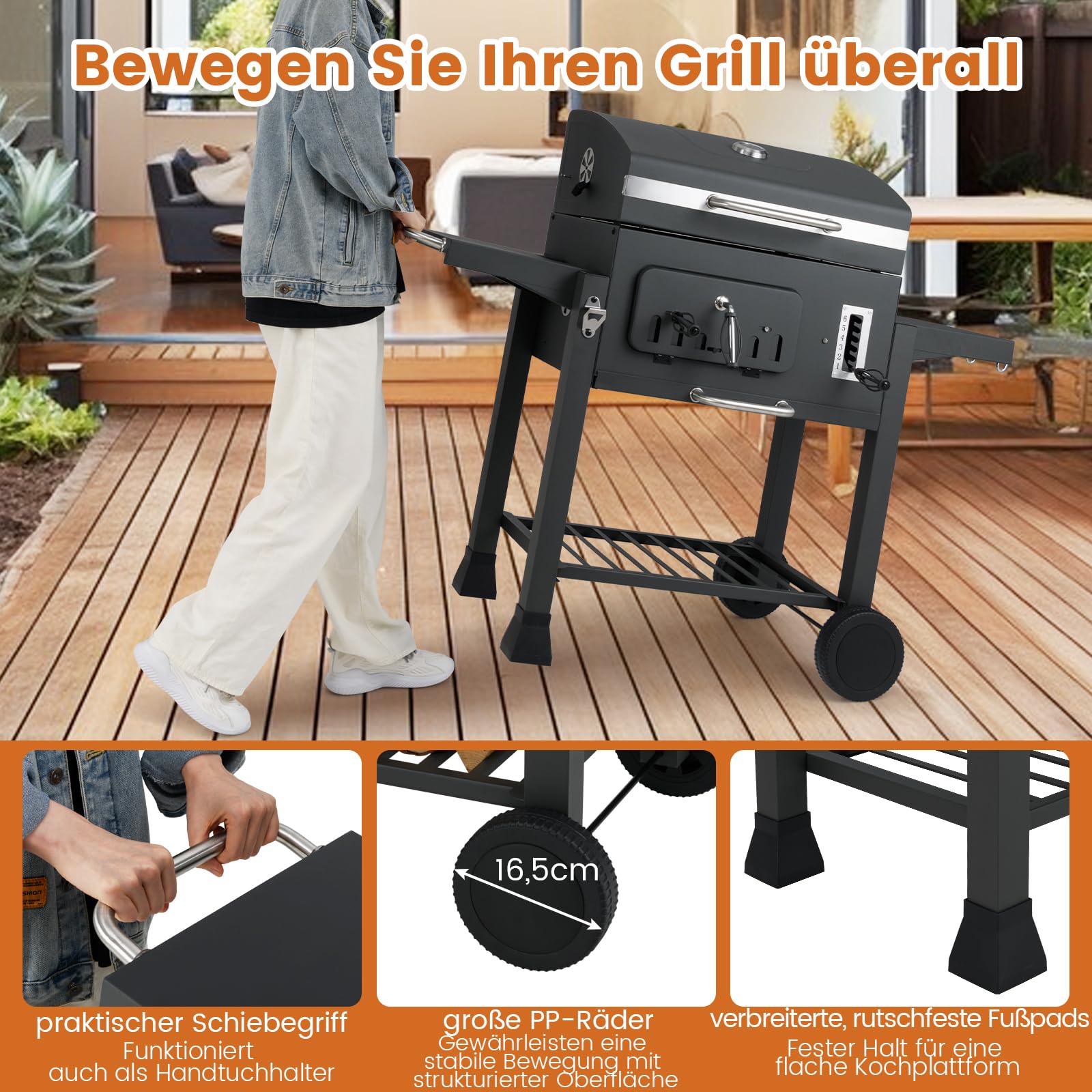 GOPLUS Grill na węgiel drzewny, grill węglowy z kółkami, uchwyty, ruszt do grillowania, blacha do pieczenia i 6-stopniowa regulacja misy na węgiel, wózek z metalu, grill stojący z pokrywką, grill