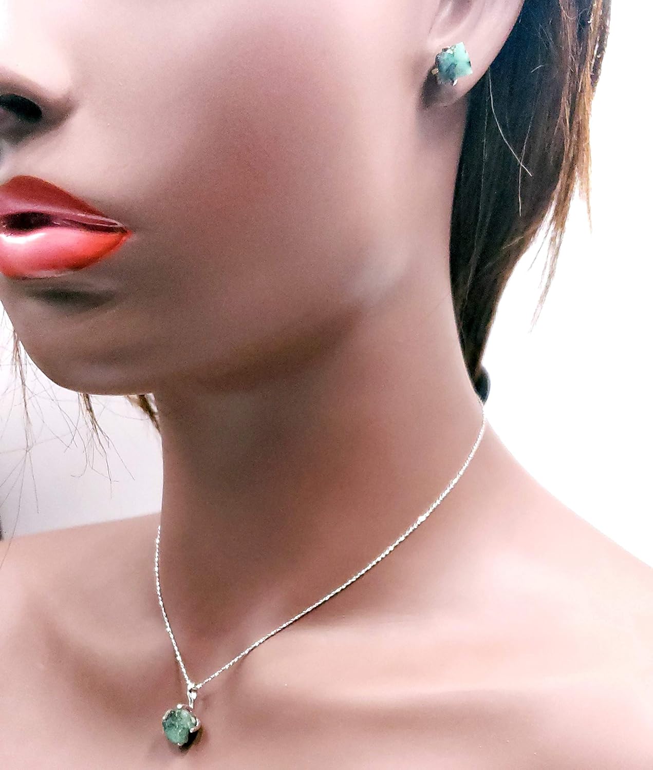 Natural raw emerald jewelry set, with 925 sterling silver and white gold plated chain pendant and stud post, May birthstone dainty necklace gift for her, uniquelan jewelry