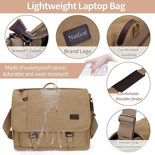 Miniatura 5 de Nerlion - Bolsa tipo mensajero para hombre de 17 a 17.3 pulgadas, bolsa de lona resistente al agua, bolsa de hombro, maletín de trabajo, bolsa para