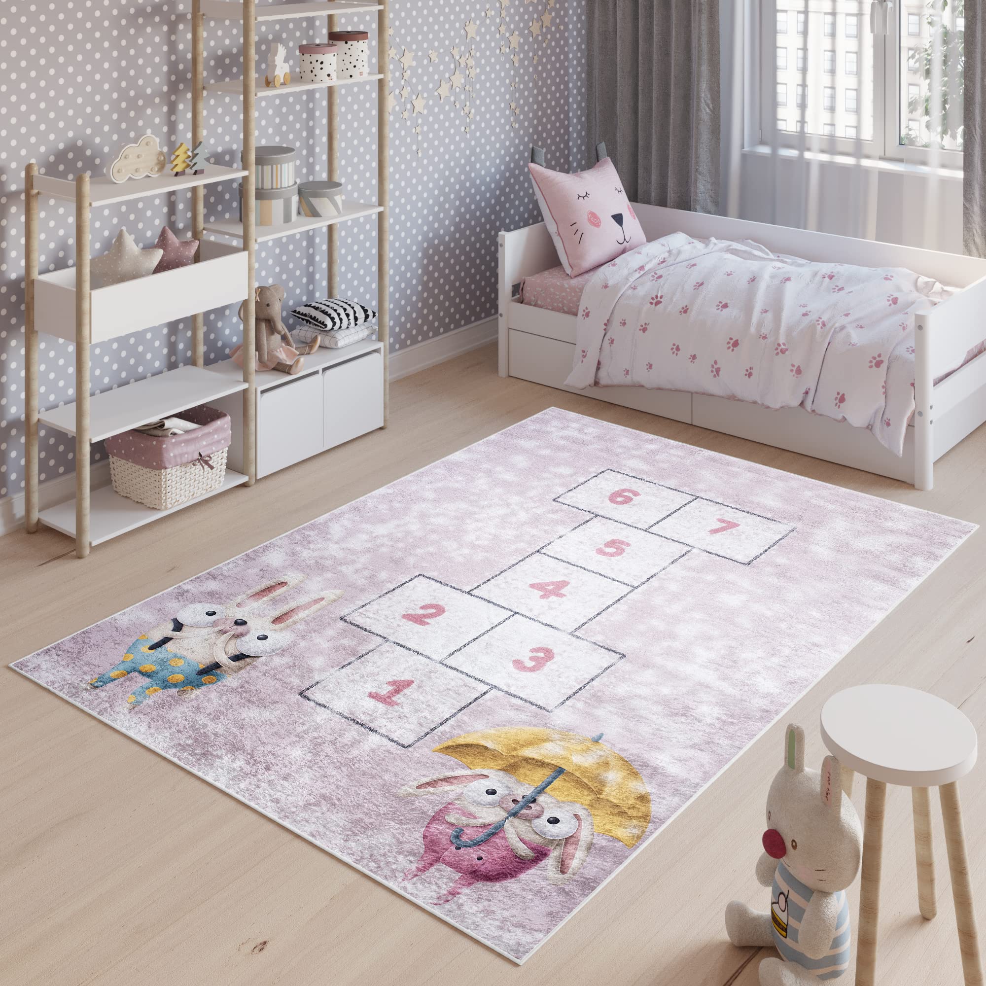 TAPISO Emma Teppich Waschbar bei 30 Grad Rosa Hasen Hüpfspiel bedruckter Kinderteppich Antirutsch Kinderzimmer Jugendzimmer Modern ÖKO-TEX 140 x 200 cm