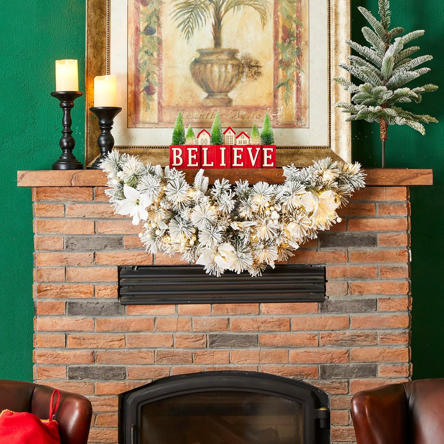 Glitzhome 3ft Pre-Lit Flocked Greenery Pine White Poinsettia and Berries Christmas Swag with 50 Warm White Lights and Timer for Window Front Door Holiday Indoor & Outdoor Home Christmas Decor
