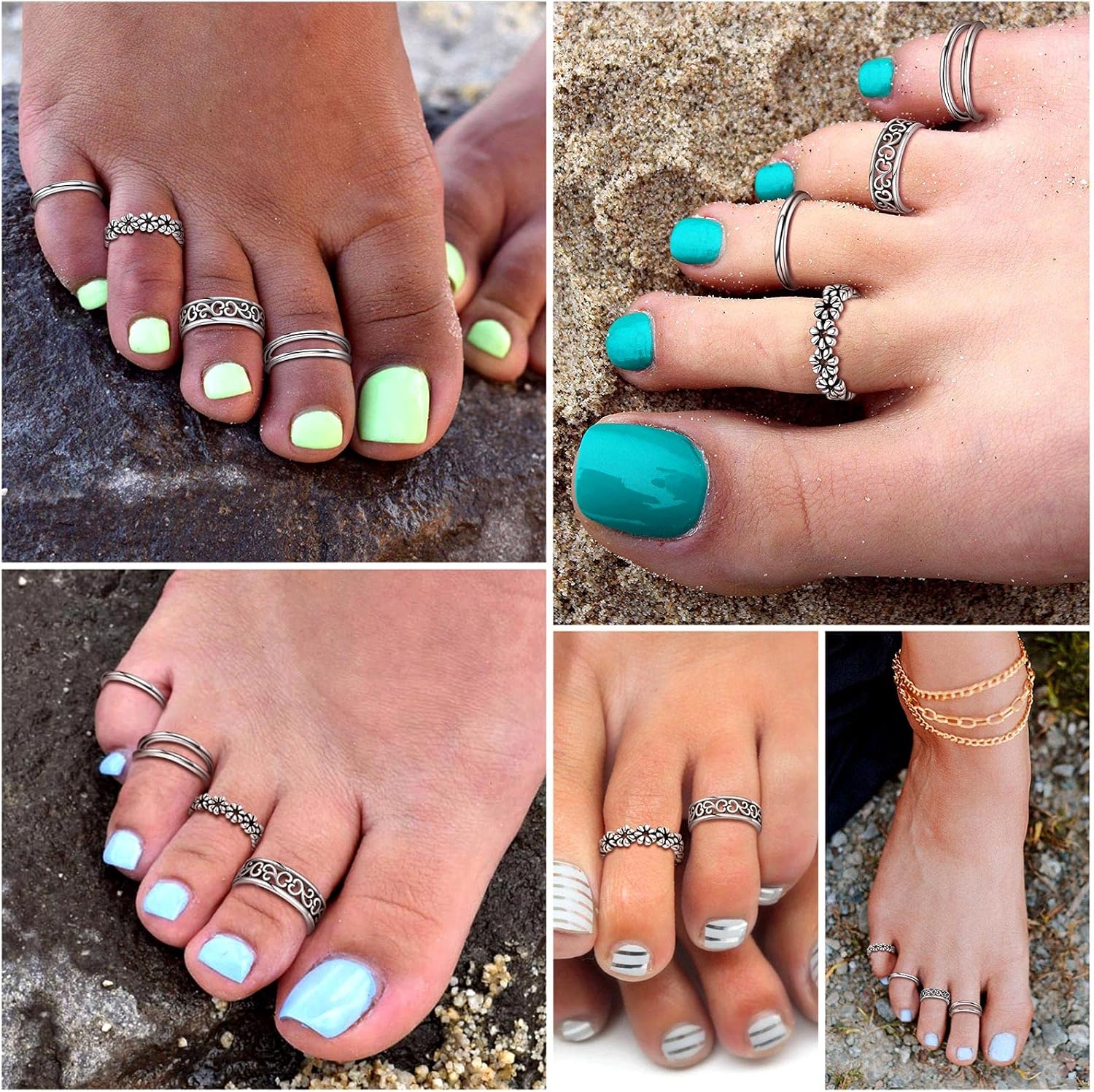 Adjustable Silver Toe Ring Set for Women 4 PCS, Knuckle Tail Ring Simple Open Band Fingers Joint Hypoallergenic Sandals Foot Jewelry