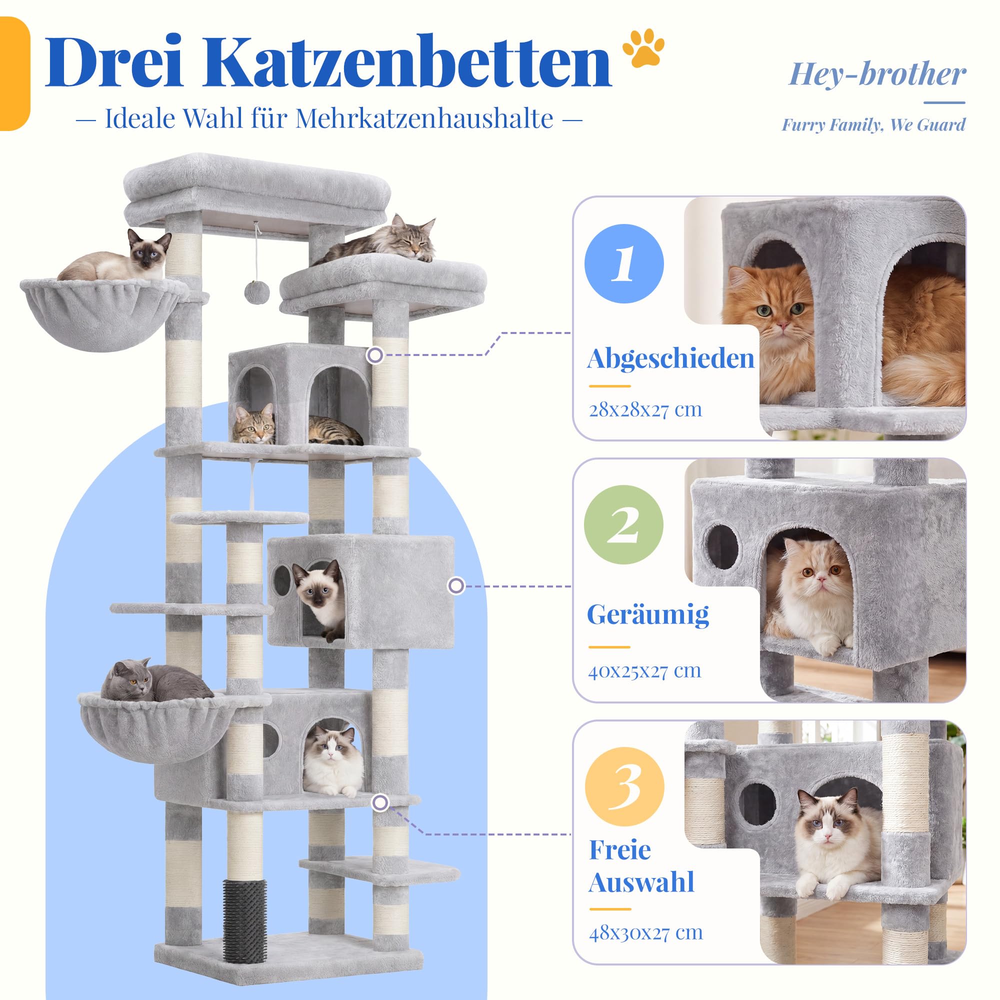Hey-brother Kratzbaum, 188 cm Katzenbaum, XXL Kletterbaum mit 2 groß Plattform, 3 Höhlen, 2 Korb, Plüschbälle und Sisal Kratzbäume, mehrstöckiger Katzenkratzbaum, Hellgrau MPJ035-MW