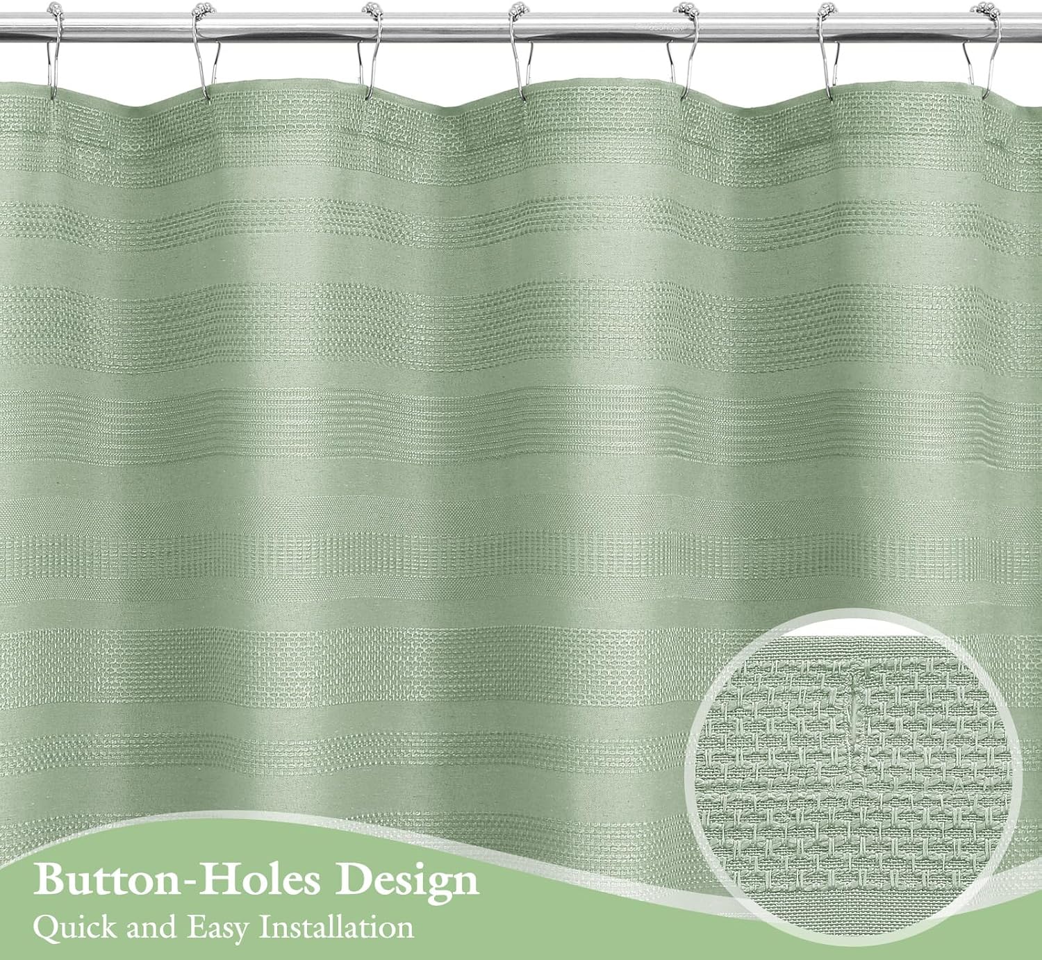 Boho Farmhouse Shower Curtain Set with Tassel, Linen Bohemian French Country Chic Bathroom Shower Curtain Set, Modern Striped Textured Shower Curtain 72x72 - Sage Green
