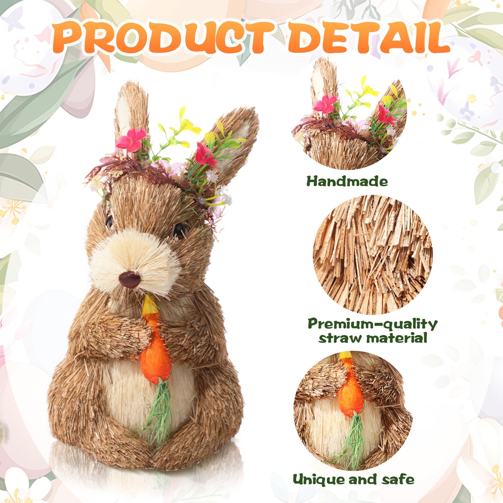 VioraWhite Juego de 4 decoraciones de conejo de Pascua, figuras de conejo de sisal, decoración de mesa, estatua de conejo de paja con flor de zanahoria para el hogar, mesa, oficina, cocina, granja,