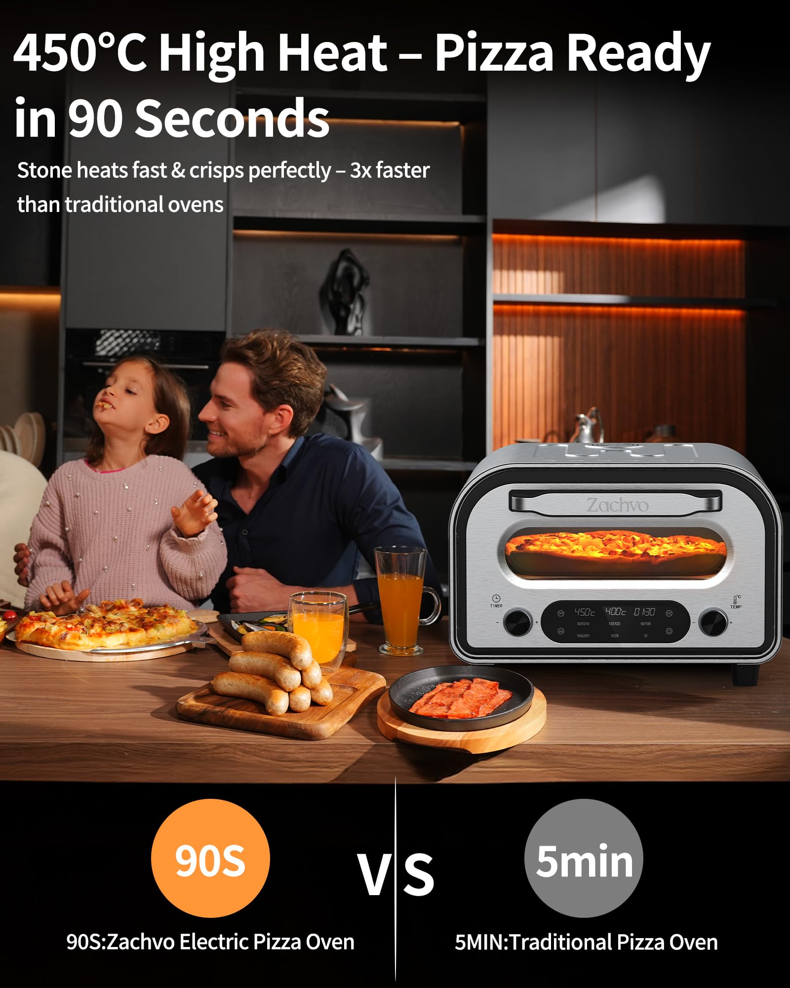Four à pizza électrique - Jusqu'à 450℃, 5 pizzas préprogrammées, minuterie de 1 à 60 minutes, écran tactile, pour pizza de 32 cm, avec pierre à pizza, pelle à pizza, livre de recettes