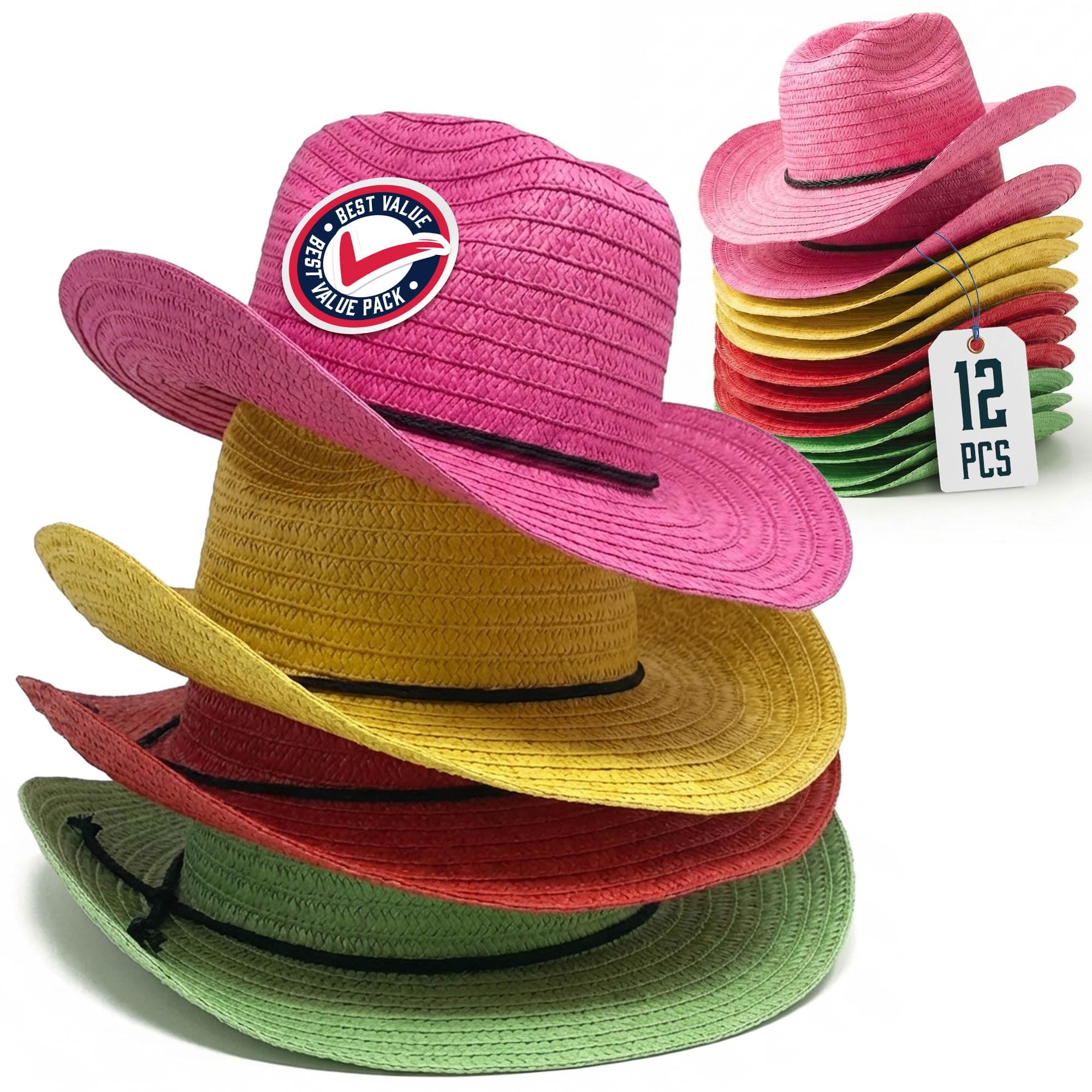 Straw Cowboy Hats 12 Pack – 24" Circumference Western Style – Multicolored