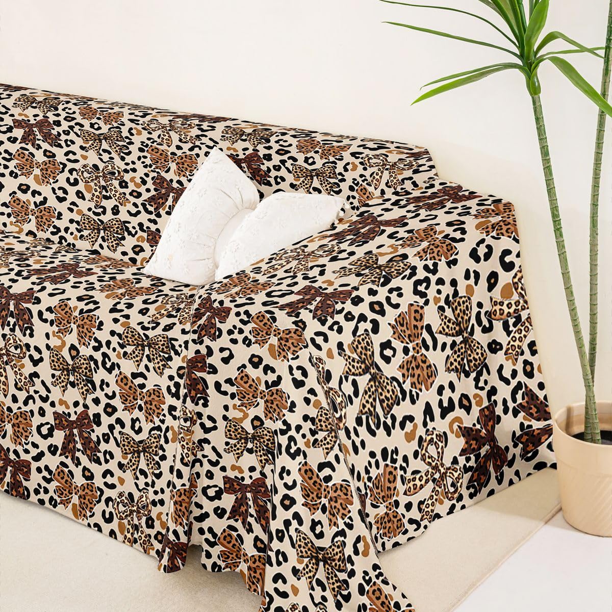 Homewish kokardka pokrowiec na kanapę 231 x 340 nadruk w panterkę narzuta na sofę geometryczna wstążka kokarda kanapa ochraniacz geparda afrykańskie zwierzę safari sofa pokrowiec