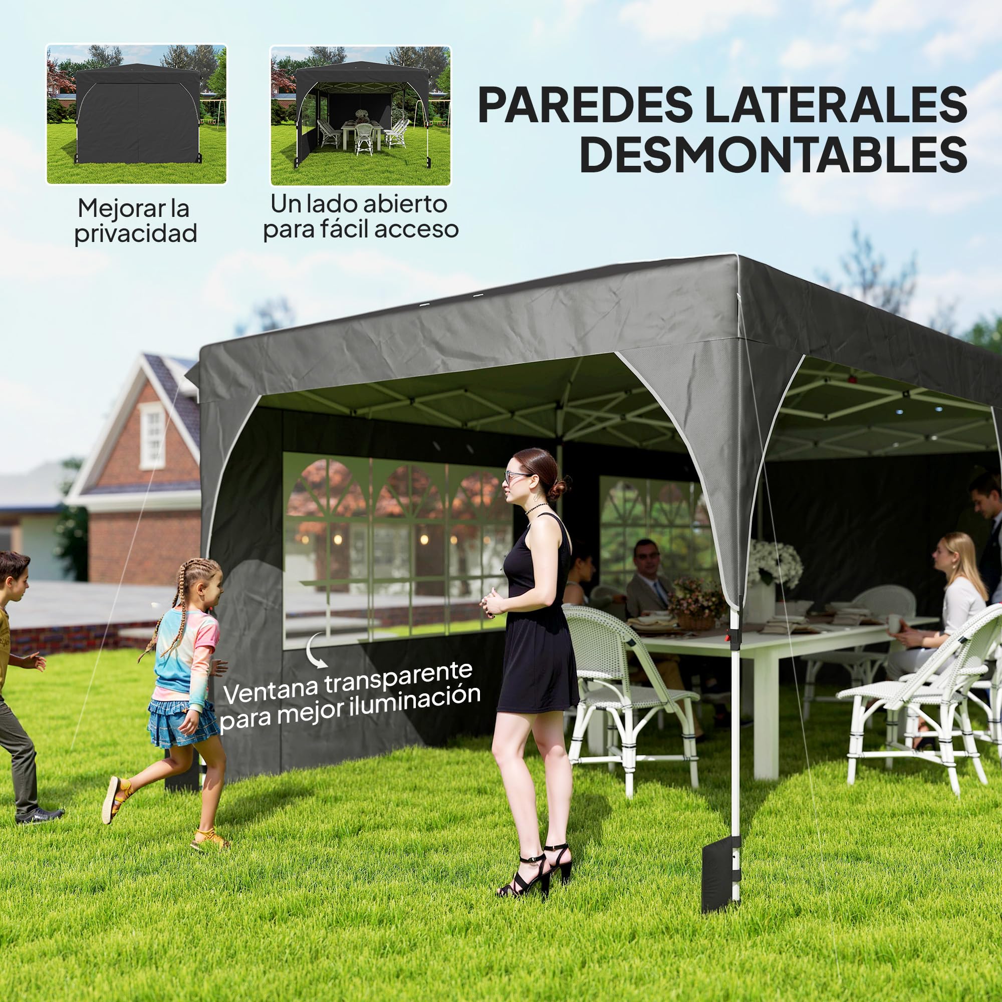 Outsunny Carpa Plegable 3x6 m Pop-up con 4 Laterales Extraíbles Gris | Cenador de Jardín, Tiras Reflectantes, Altura Ajustable, Sistema Central de Bloqueo, UPF50+, Impermeable, Bolsa Transporte