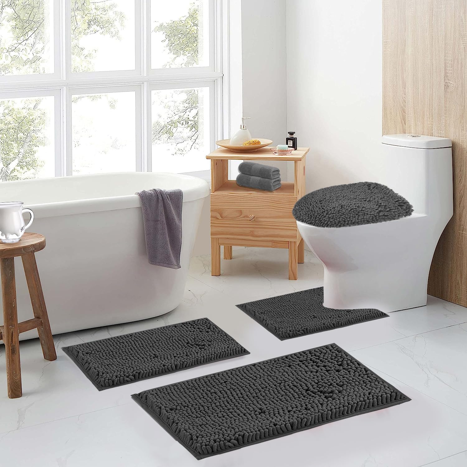 Grey Bathroom Rugs Sets 4 Piece with Toilet Lid Cover, Non Slip Bathroom Mats Extra Soft Chenille Bath Rugs Absorbent Shaggy Rugs Perfect Plush Mats U-Shaped Toilet Rug and Toilet Cover-Bathroom Set