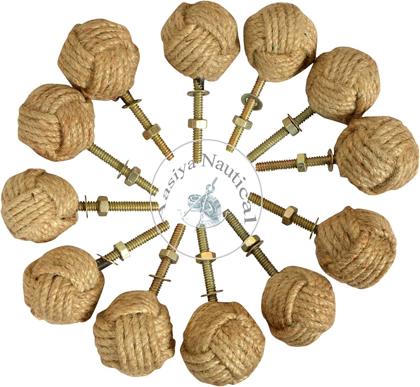 Knot Door Knobs Drawer Handles with Jute Rope 12 Pack, wood-coloured