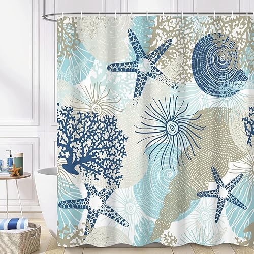 Cortina de ducha náutica costera, cortina de baño con temática de playa oceánica, estrella de mar y coral, decoración de baño, tela impermeable,