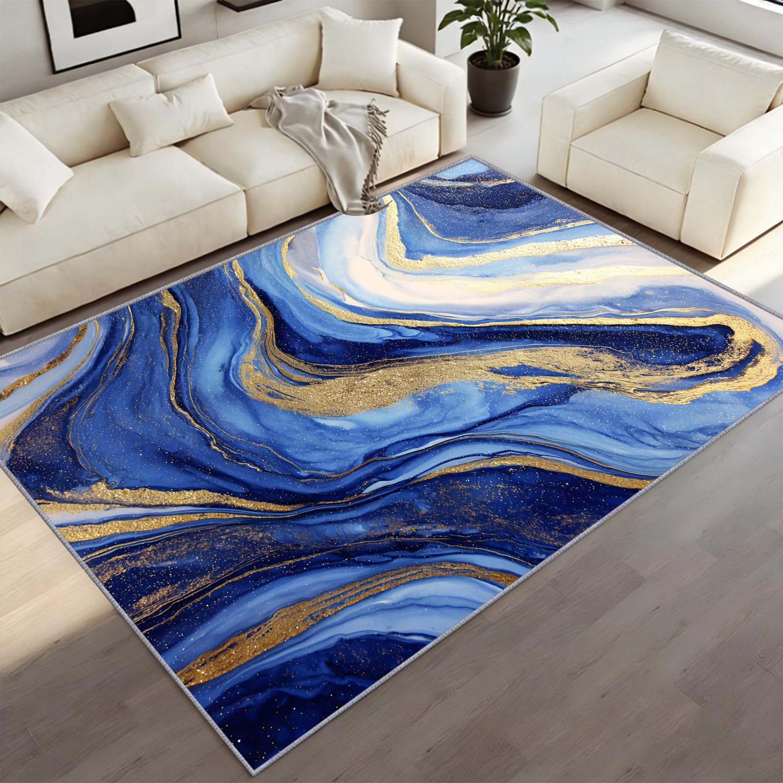 Abstract Marble Rug 160x220cm Blue Gold Marble Area Rug, Modern Luxury Carpet, Fluid Art Rugs Washable With Backing Rugs For Bedroom Living Room