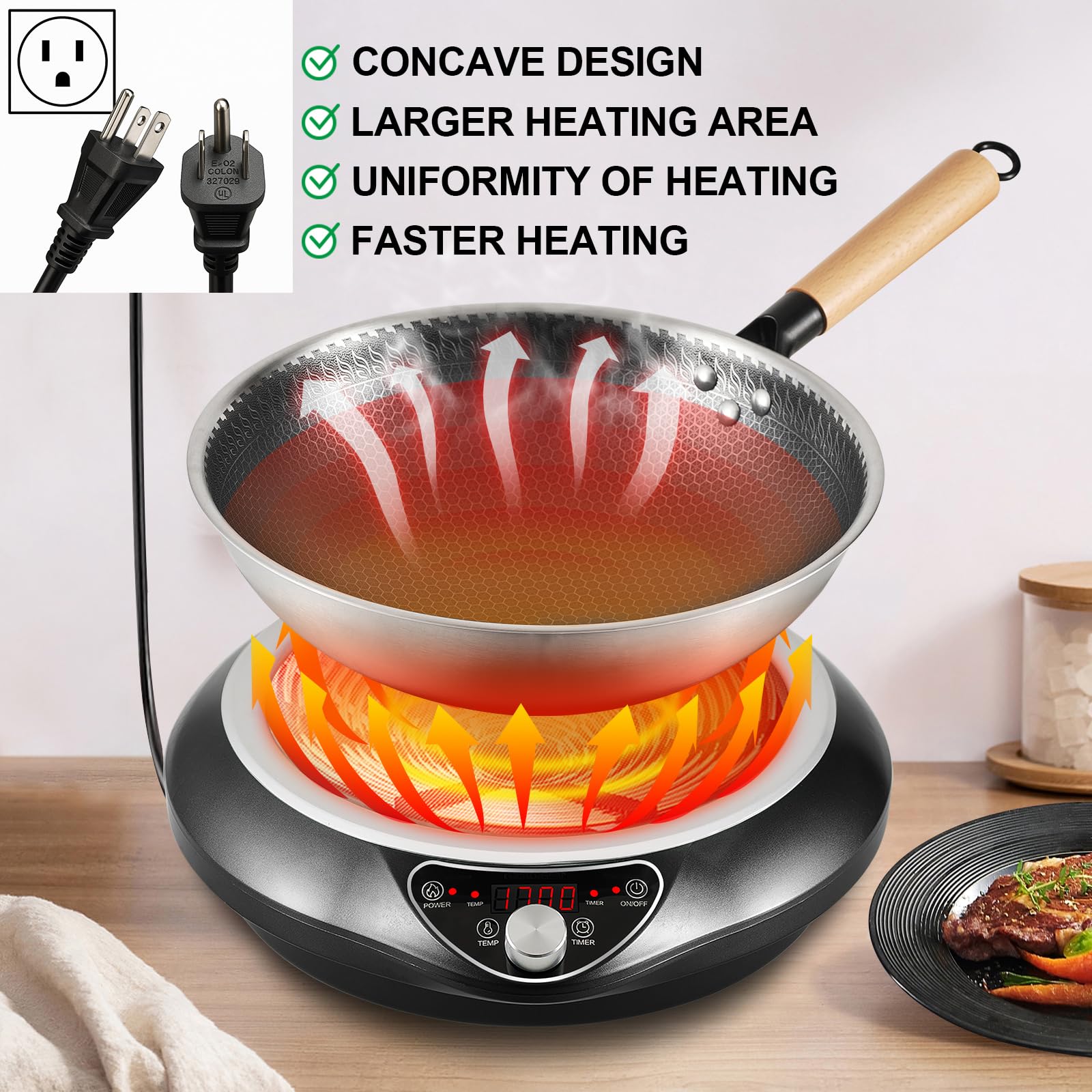 Induction Wok Pan Cooktop 1700W (85V~175V), 16 Levels Power & Temprature Control Induction Wok Burner with 18 Hours Timer, Auto-off, Even & Faster Heating Concave Stoves Electric Hot Plate(Black)