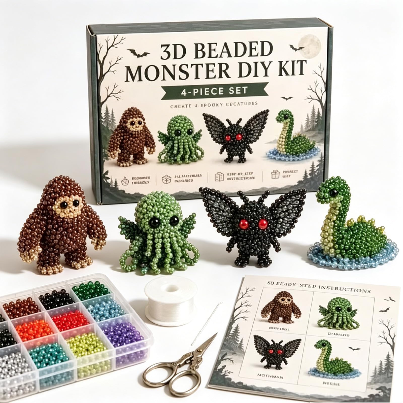 Tiny 3D Beaded Animal DIY Kit, DIY Animals Beading Embroidery Kit with 4 Cute Designs, 3D Animal Themed Beadwork Kit with Instructions, Creative Decoration Gifts for Adults Teens Beginners (A-)