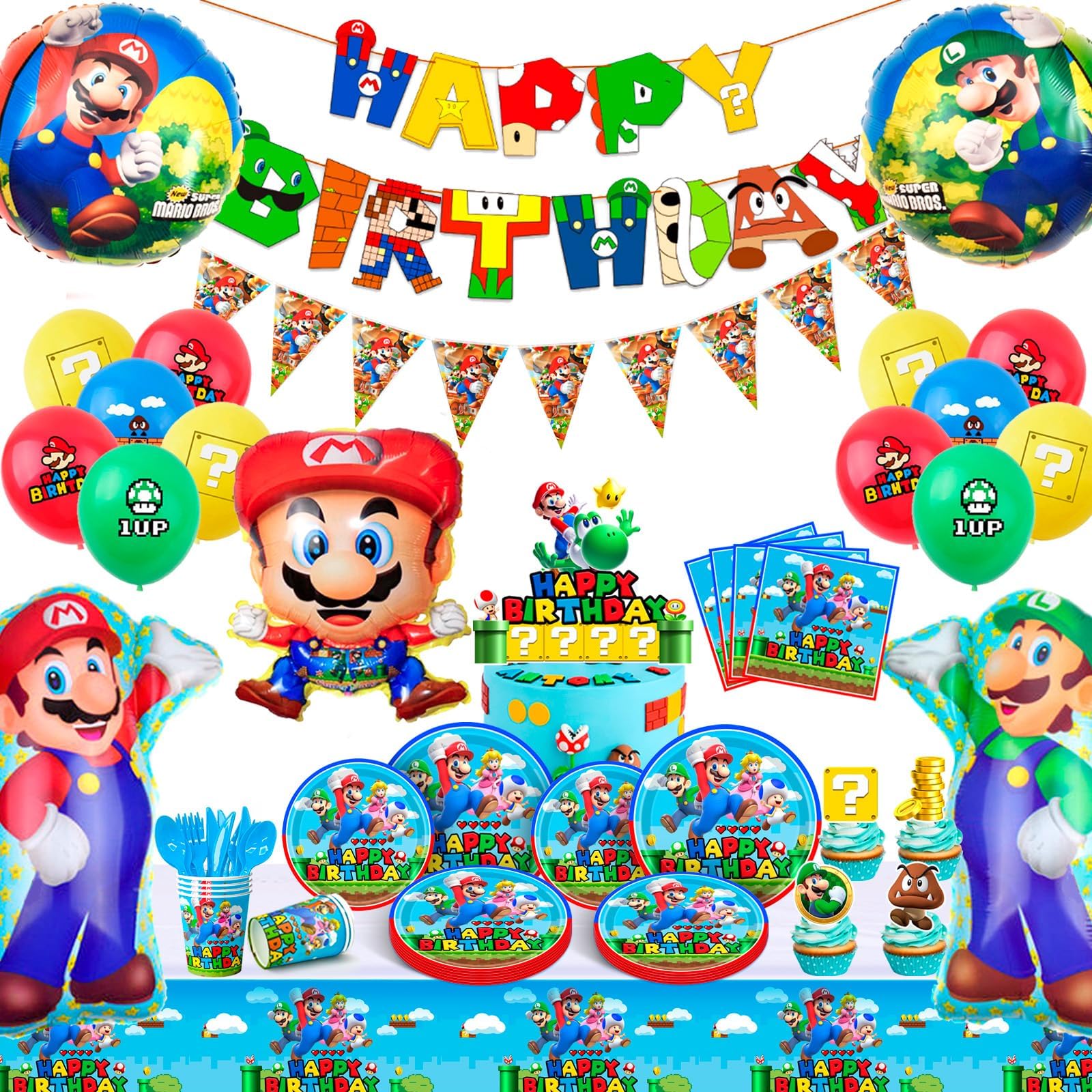 Fruitful Party Mario Birthday Supplies,123pcs Super Mario Birthday Tableware&Decoration Set-Tablecloth Banner etc Mario Brothers Decorations