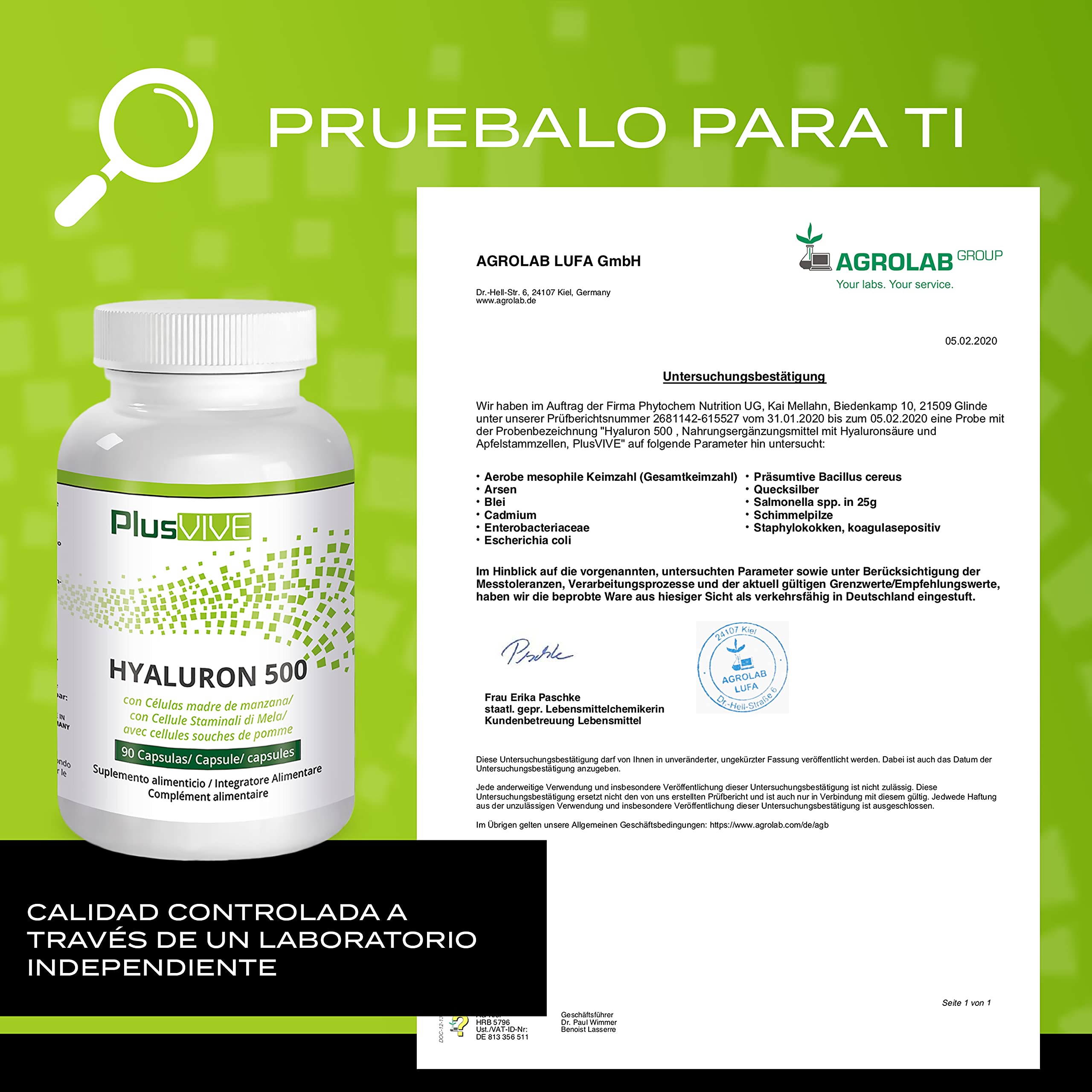 Plusvive - Ácido Hialurónico 90 cápsulas con 500 mg hialurónico vegano - 500-700 kDA - con extracto de manzana