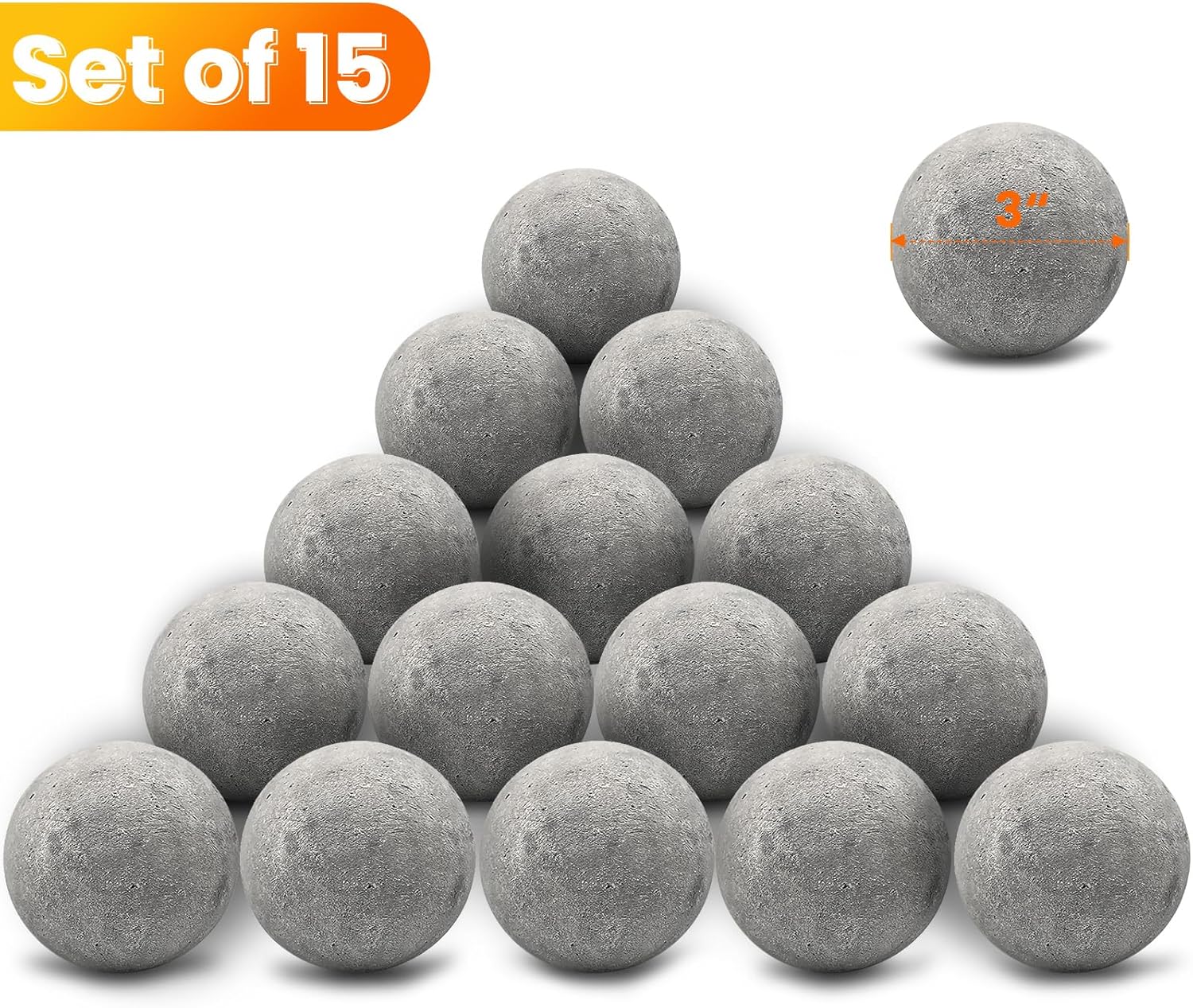 Zhenx Ceramic Fire Balls, 3 Inch, Set of 15 Round Fire Stones, for Indoor and Outdoor Fire Pits, Fire Bowls and Fireplaces, Grey