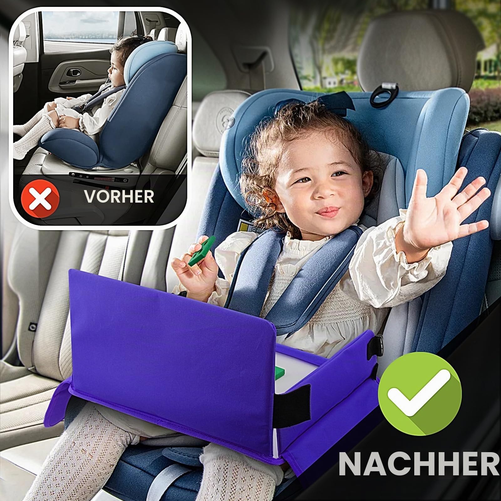 Knietablett Reisetisch-Tablett für Kinder Play with Löschbar Zeichenbrett & 6 Colored Pencils für Spiel und Esstisch Spieltisch Autositz Tisch für Buggys,Kinderwagen,Auto,Flugzeug,Bahn-Lila