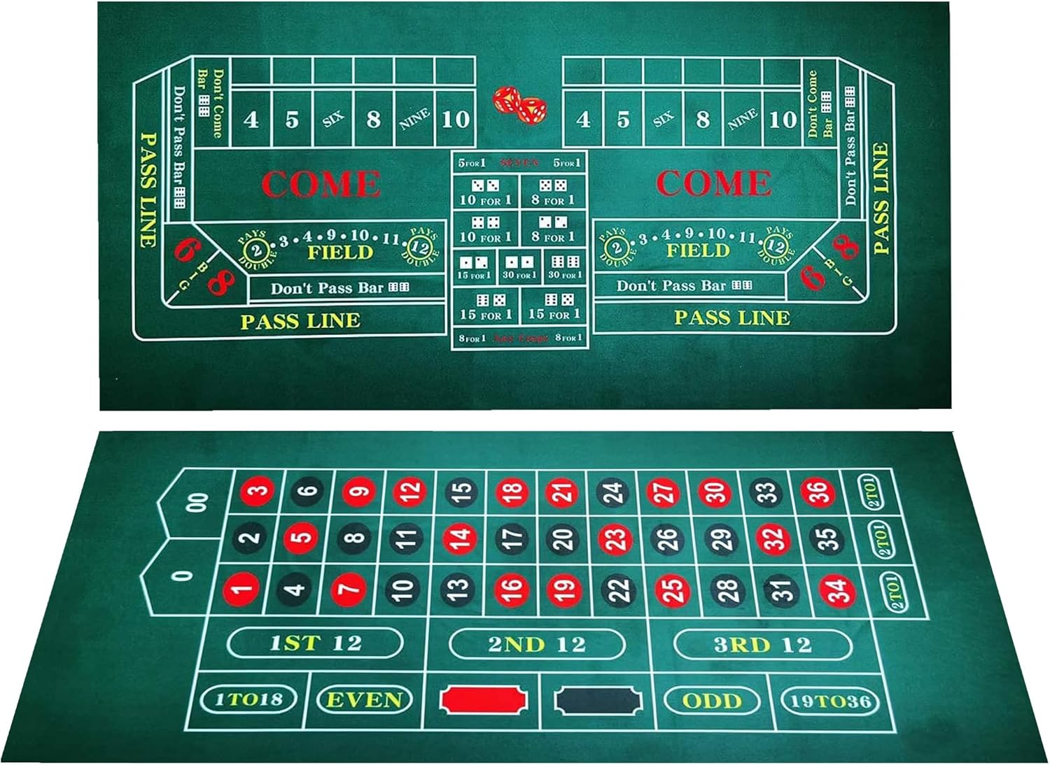 2-in-1 Casino Game Felt Mat – Double-Sided Roulette & Craps Layout, Professional Tablecloth for Home Casino Night, Poker Parties & Game Nights, Durable Smooth Fabric, Easy to Clean