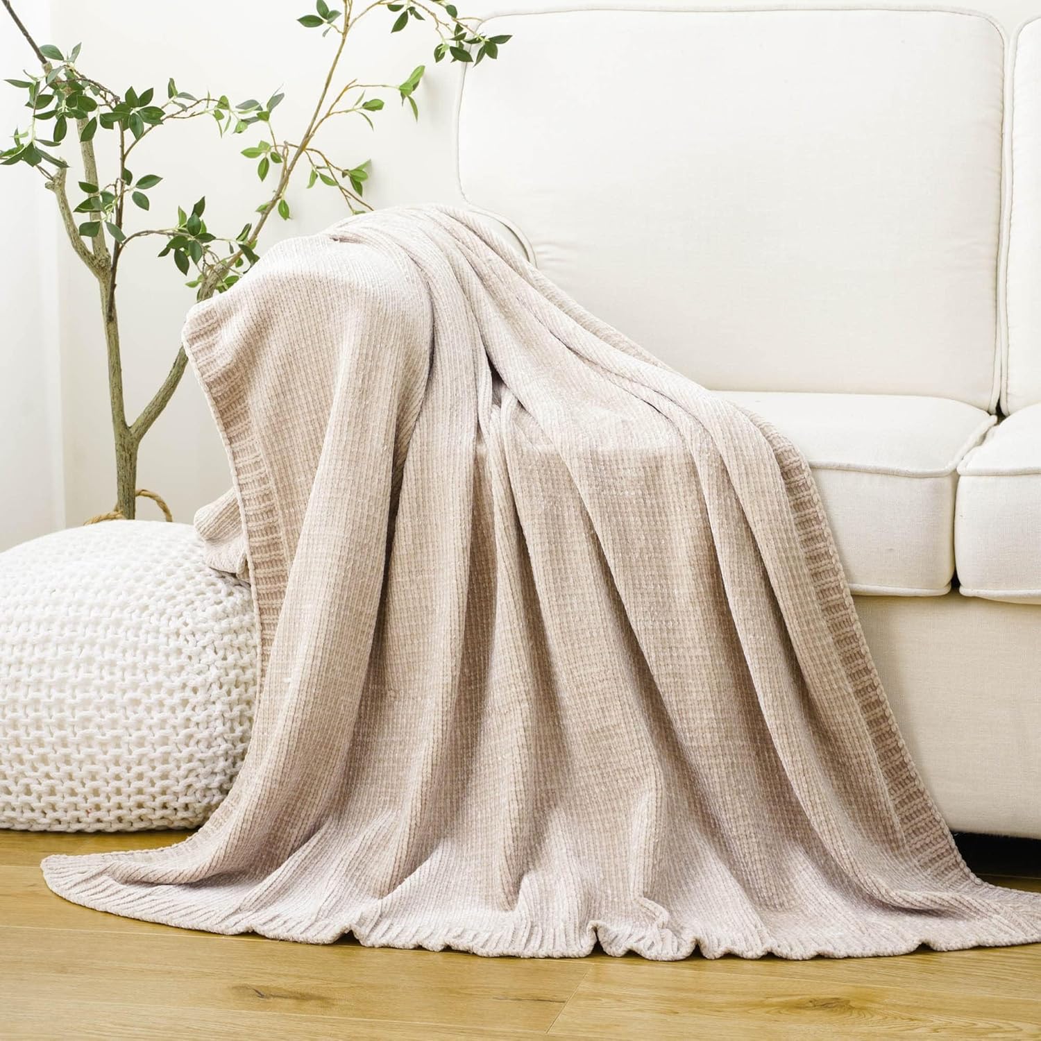 BATTILO HOME Knit Chenille Throw Blanket for Couch, Cozy Beige Throw Blankets for Home Decor,Lightweight Soft Throw for Bed,Sofa,Chair 51"x67" - Image 9