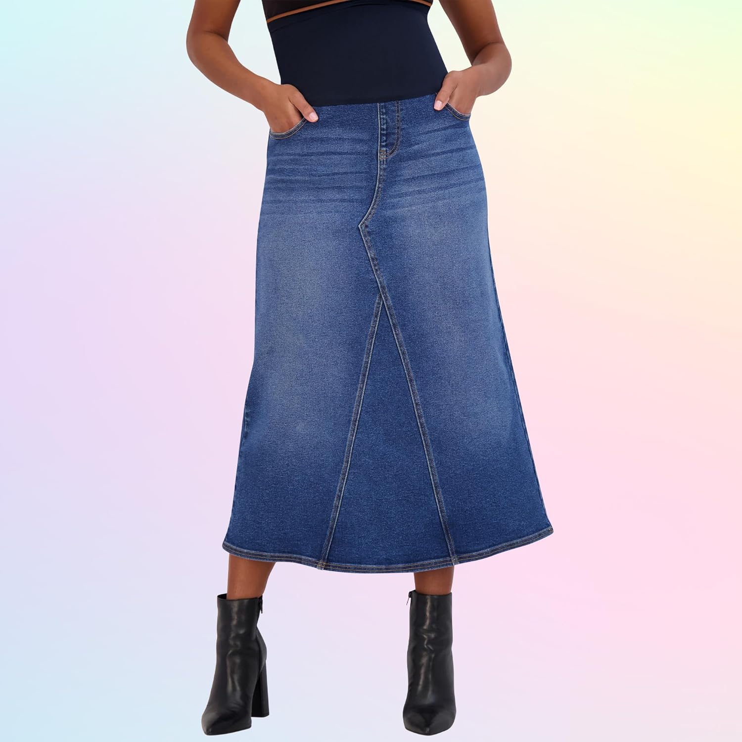 Savi Parker Denim Maternity Maxi Skirt with Pockets – A Line Maternity Jeans Over The Belly Long Pregnancy Denim Skirt - Image 2
