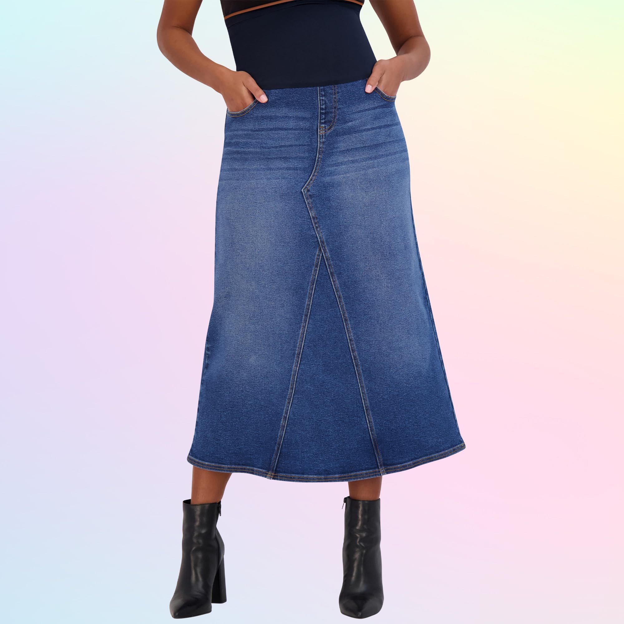 Savi Parker Denim Umstandsrock Maxirock mit Taschen - A Linie Umstandsjeans über dem Bauch Lange Schwangerschaft Jeansrock