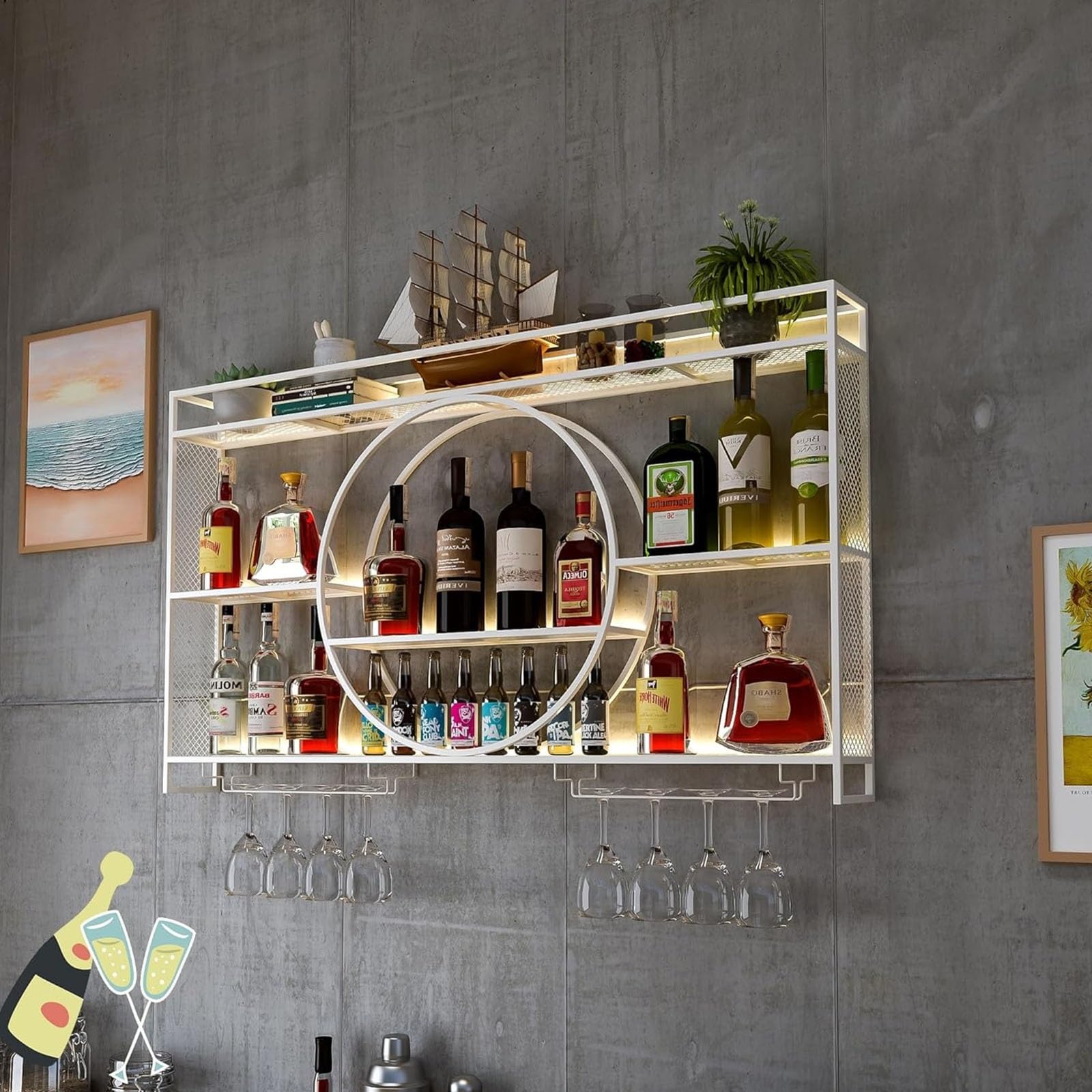 Casier à vin mural en métal avec LED et support verre étagère élégante