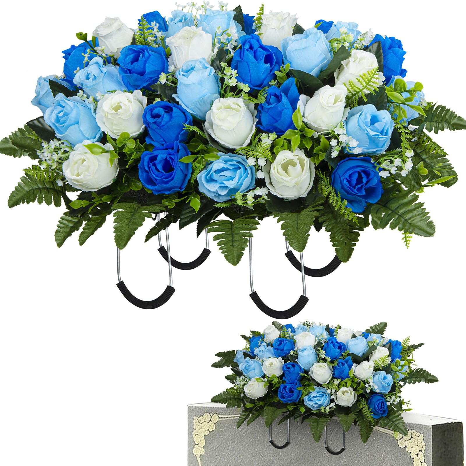 Artificial Cemetery Flowers Saddle Grave Memorial Rose Flowers with Vase for Cemetery Headstones Gravesites Decoration (White&Blue, 1 Saddle) image 7