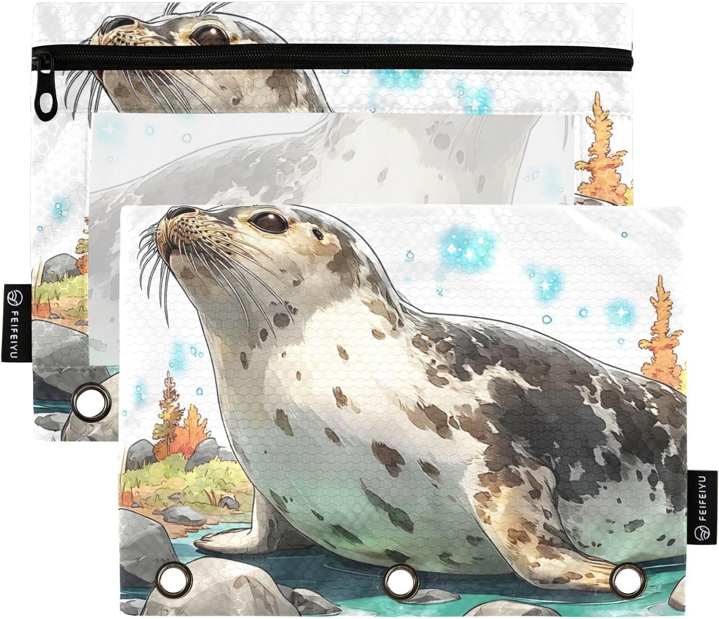 2 Pack 3 Ring Binder Pouches Anime Seal Print, Zipper Closure Water Resistant 7.08×9.84 in