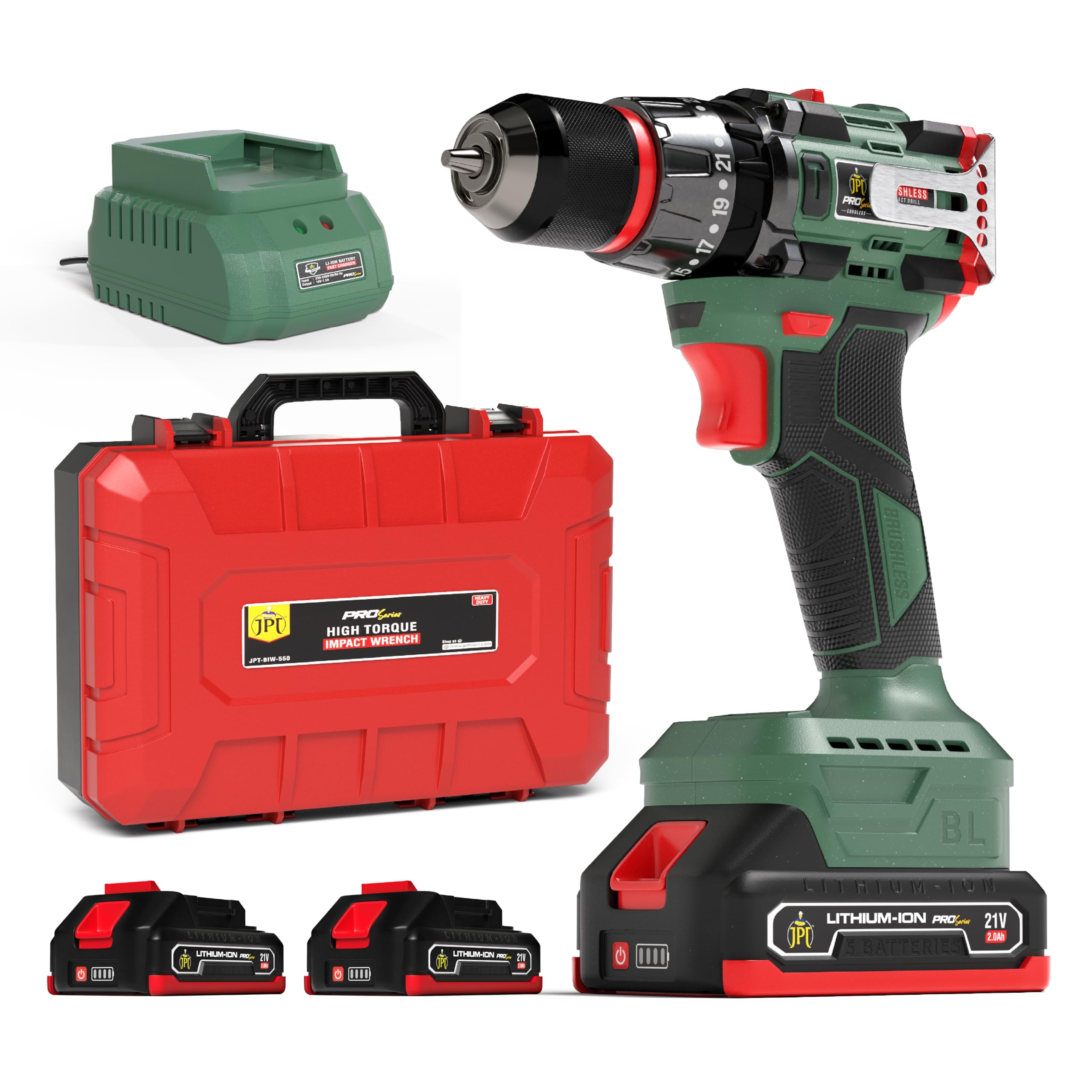 JPT New Pro Series Brushless 21-volt Cordless Impact Drill Machine with 65N.m Torque | 1700 RPM Speed | 25+3 Gears | 2 Speed Modes | 3/8-Inch Metal Keyless Chuck | One Year Motor Warranty, Green