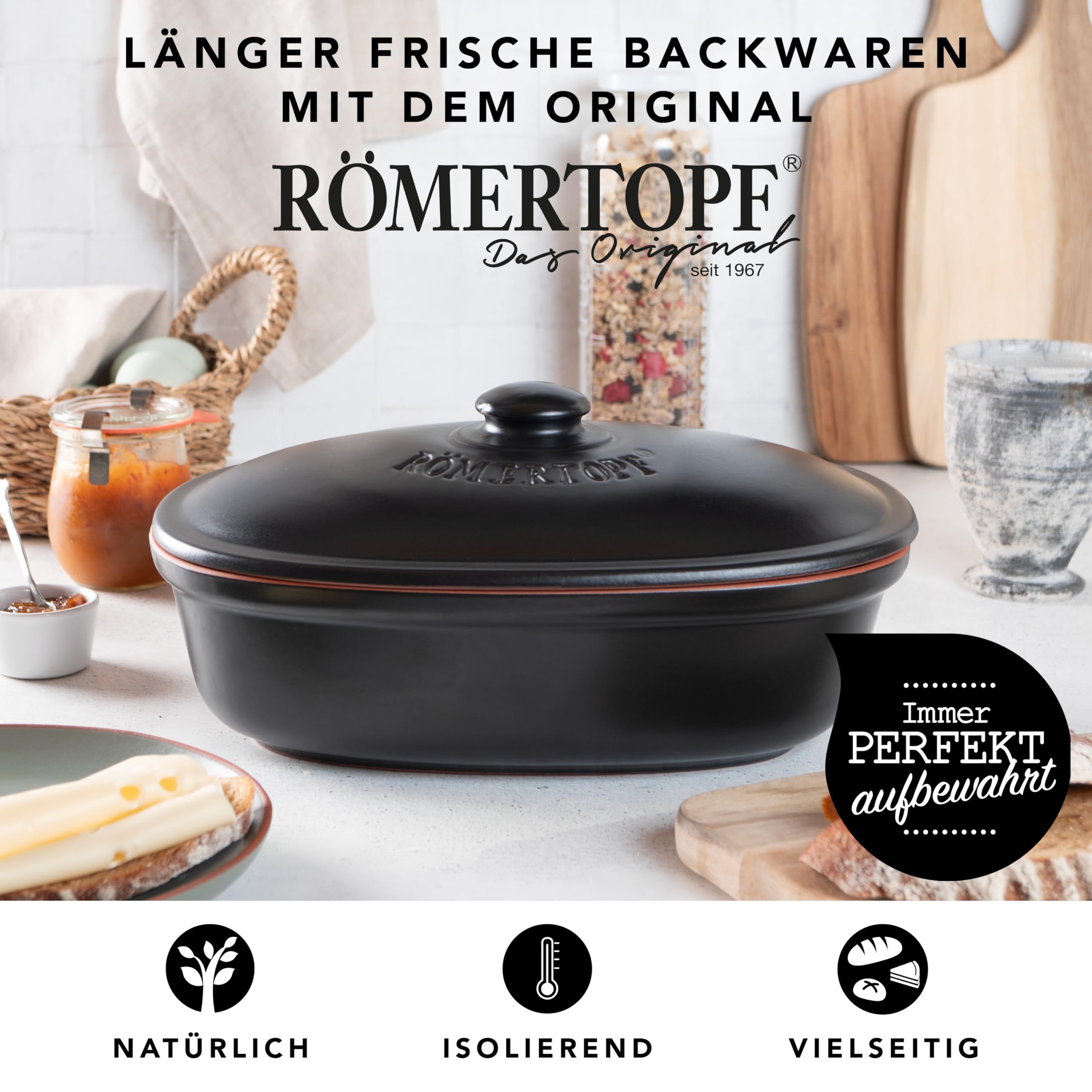 Römertopf Brottopf klein oval 2,3 L (MEDI) – kompakter Brotkasten aus Keramik mit Deckel für 1–2 Personen, hält Brot und Toastbrot frisch, atmungsaktiver Tontopf – Schwarz