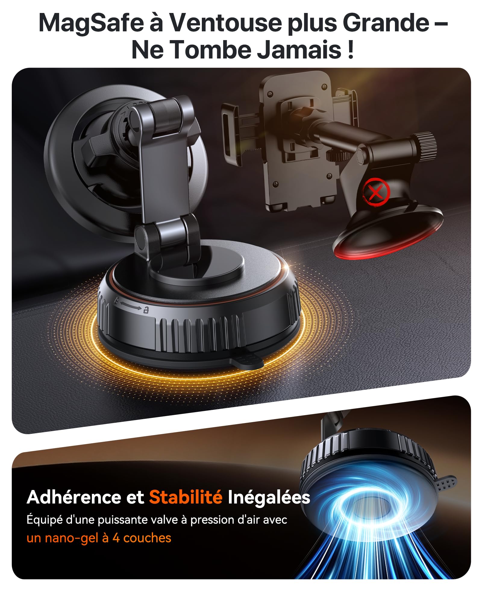 miracase Support Telephone Voiture pour MagSafe Dernière Version Améliorée | 3600gf Aimant Puissant, 89LBS Base à Ventouse, Rotation 360°, Compatible avec iPhone 17 16 15 et Autre Smartphones