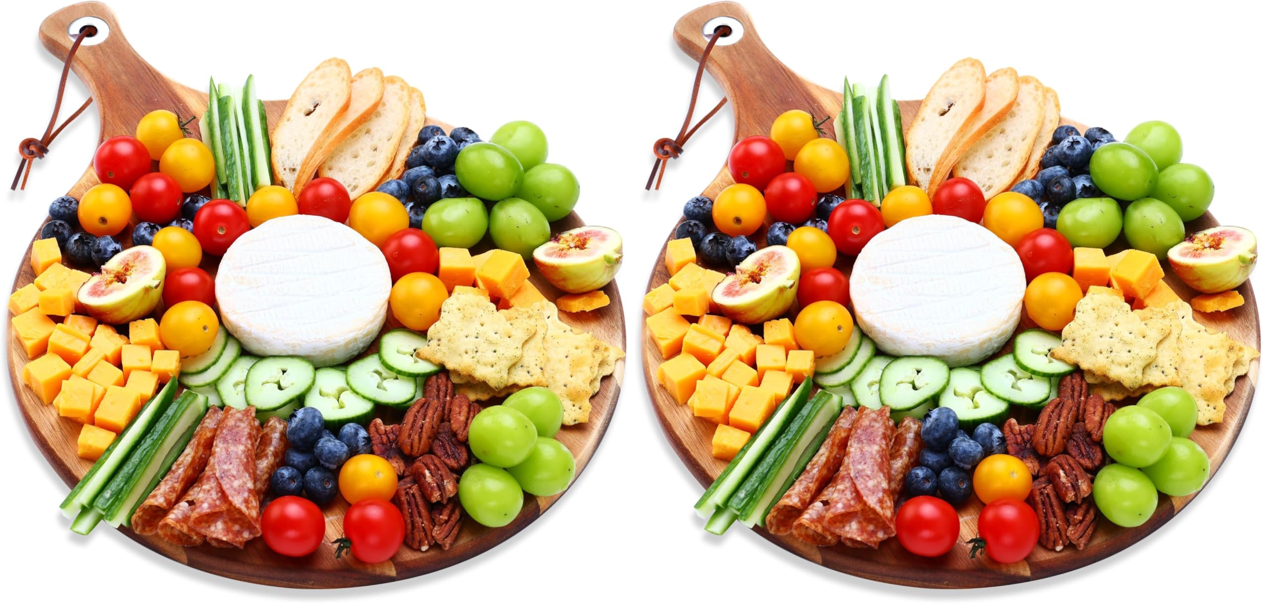 hecef Tabla de Quesos de Madera 30.5 cm, Tabla de Quesos y Embutidos de Acacia Redonda, Bandejas para Servir comida, Tabla de Aperitivos con Mango för Fiestas de Cumpleaños (Círculo) (Paquete de 2)