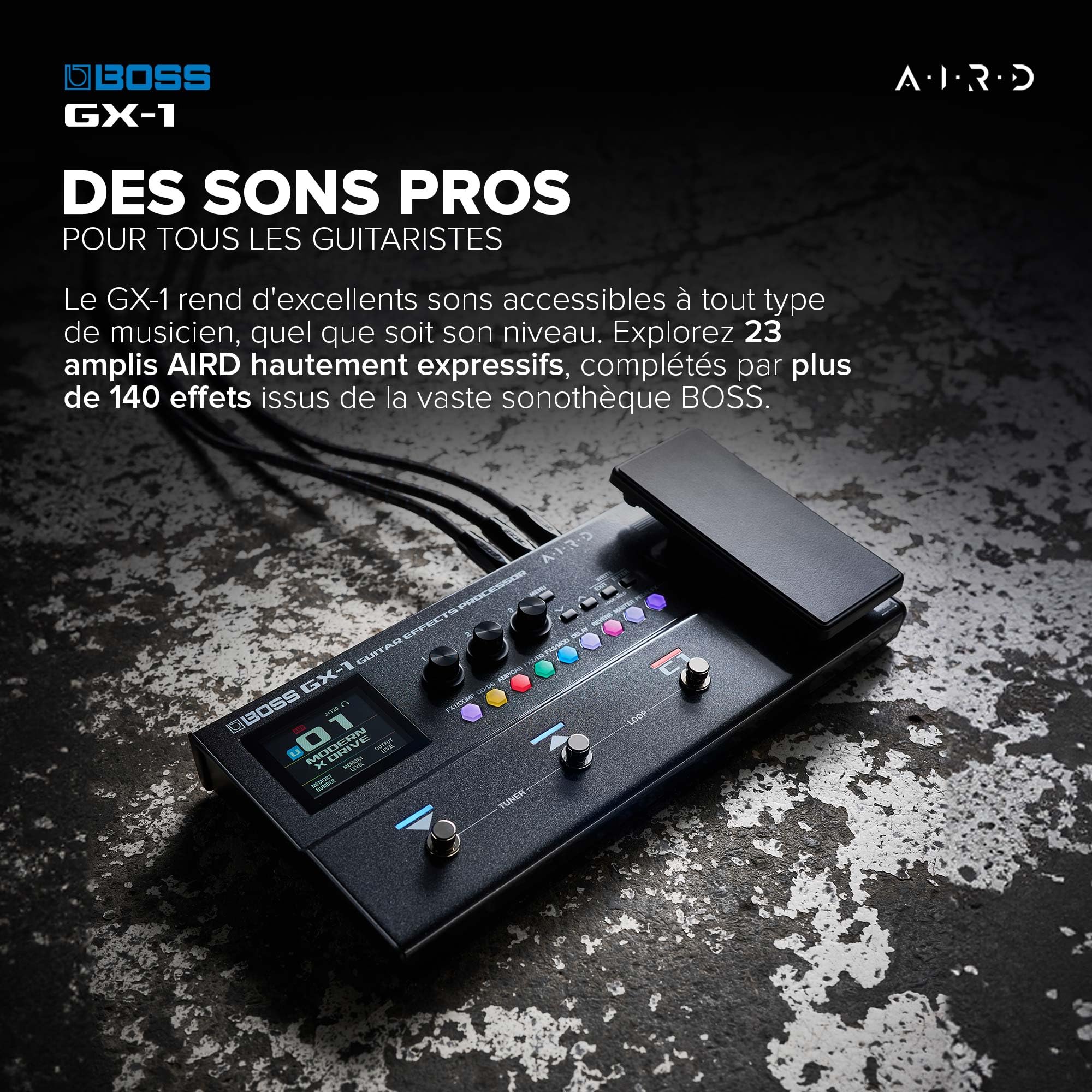 BOSS GX-1 | Processeur d'effets ultra portable pour guitare | Nombreux amplis et effets iconiques | Générateur de sons AIRD premium | Idéal pour guitaristes débutants | Connectivité Bluetooth