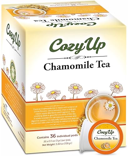 Cozy Up Té de hierbas puro de manzanilla  Cápsulas compatibles con cafeteras Keurig K-Cup  Hora de acostarse, dormir bien, té relajante nocturno, 36