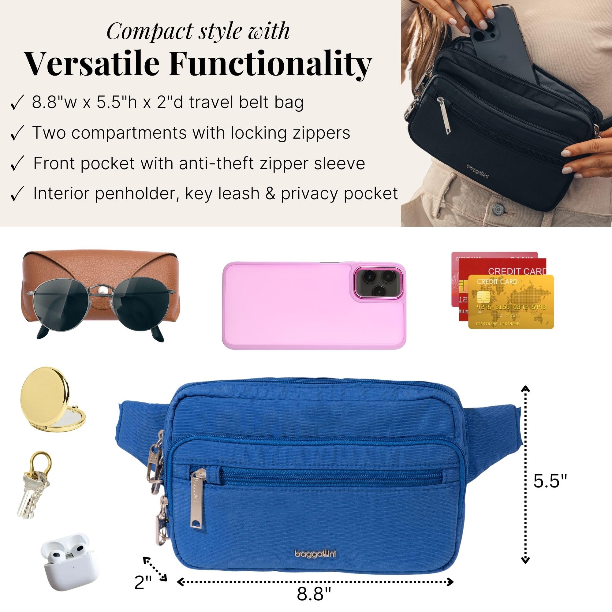 Baggallini Securtex Antykradzieżowa nerka dla kobiet z ochroną RFID, zamek z blokadą, torebka podróżna na ramię, przez ramię, One Size