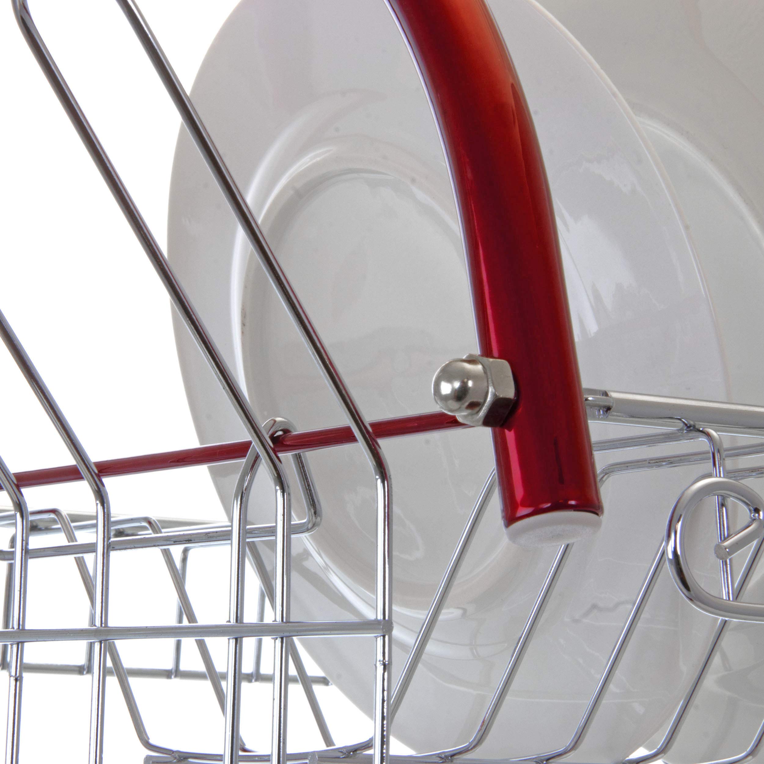 MegaChef Iron Wire Contemporary Dish Drying Rack with Included Hangers, Utensil Compartment, and Drip Tray, 16 Inch, Red and Silver Chrome
