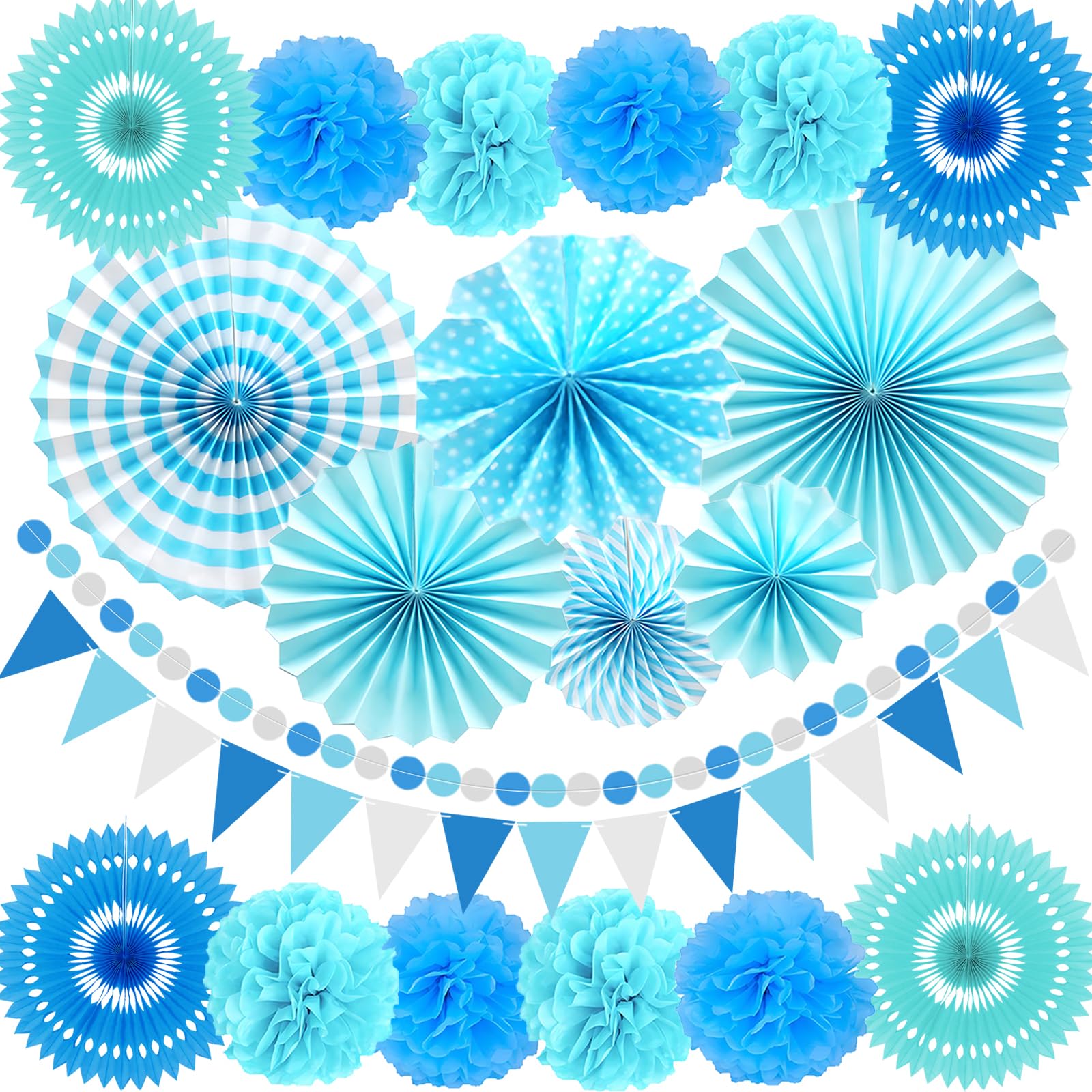 LRCXL Blue Party Decoration, 21Pcs Blue Hanging Paper Fans, Paper Pom Poms Flowers, Pennant, Garland String, Banner for Boy Birthday, Bridal Shower, Baby Boy Showers, Wedding